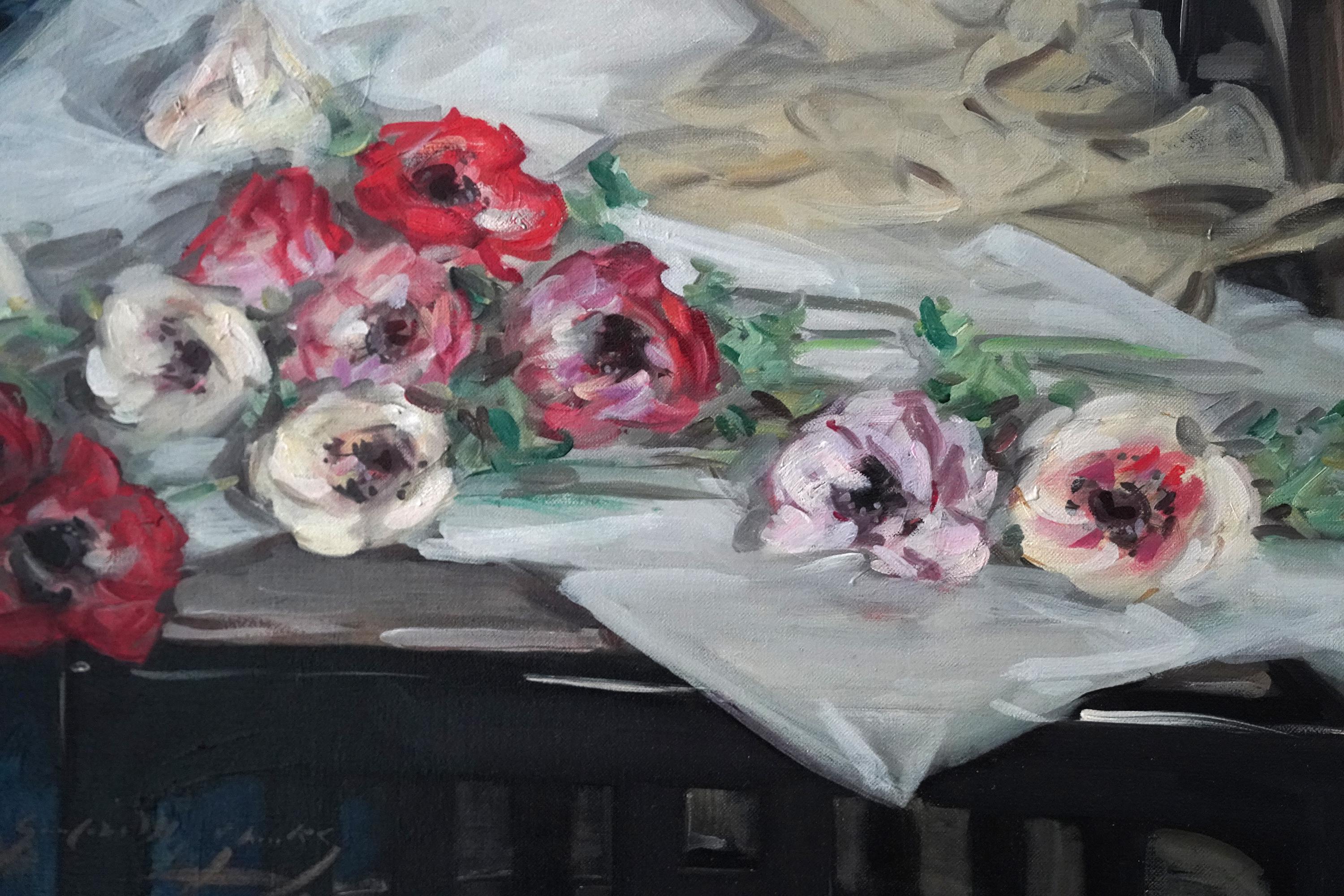 Anémonas - Óleo floral de arte impresionista escocés de los años treinta - Painting Impresionista de William Somerville Shanks