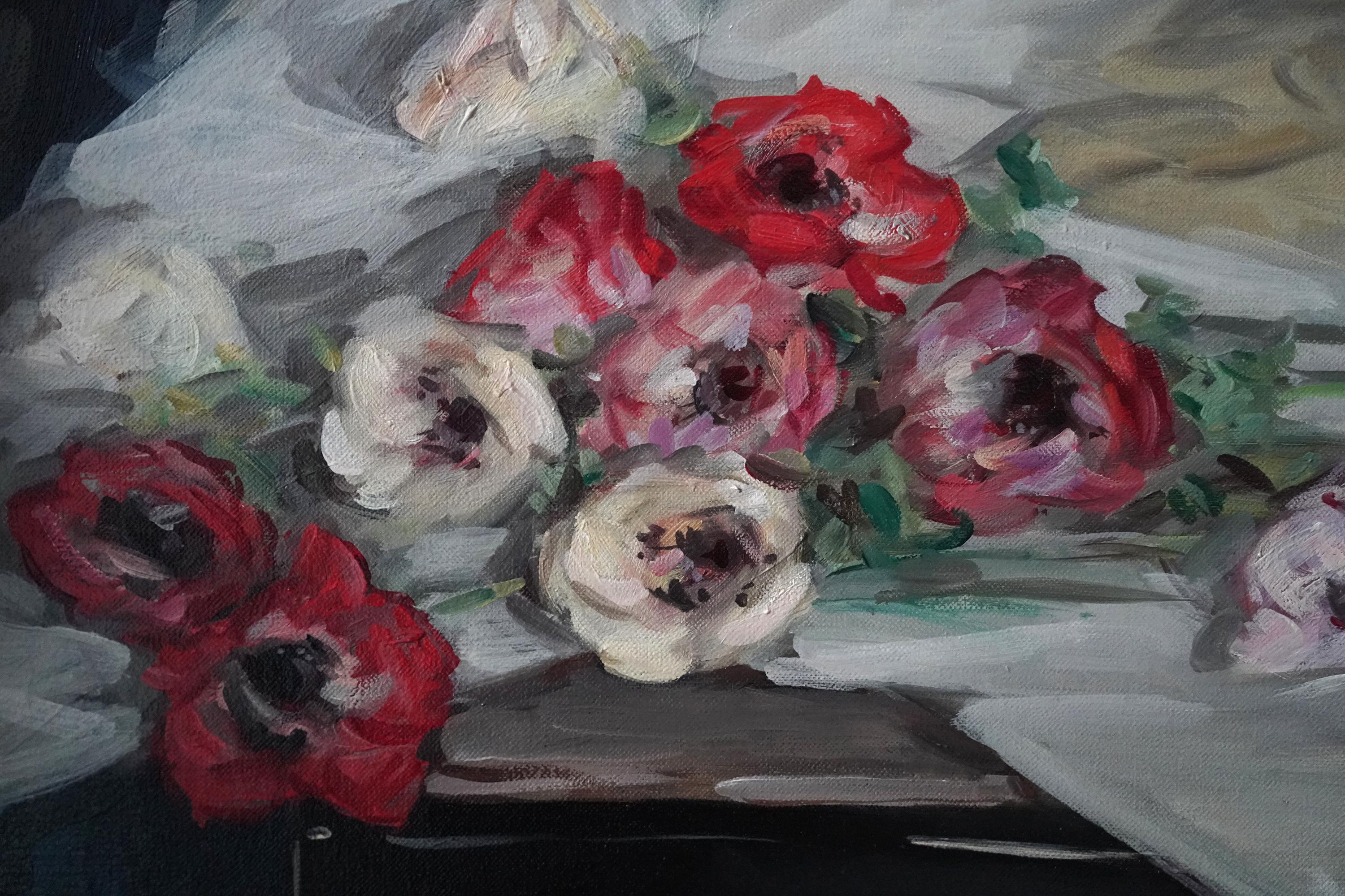 Anémonas - Óleo floral de arte impresionista escocés de los años treinta - Still-Life Painting Gris de William Somerville Shanks