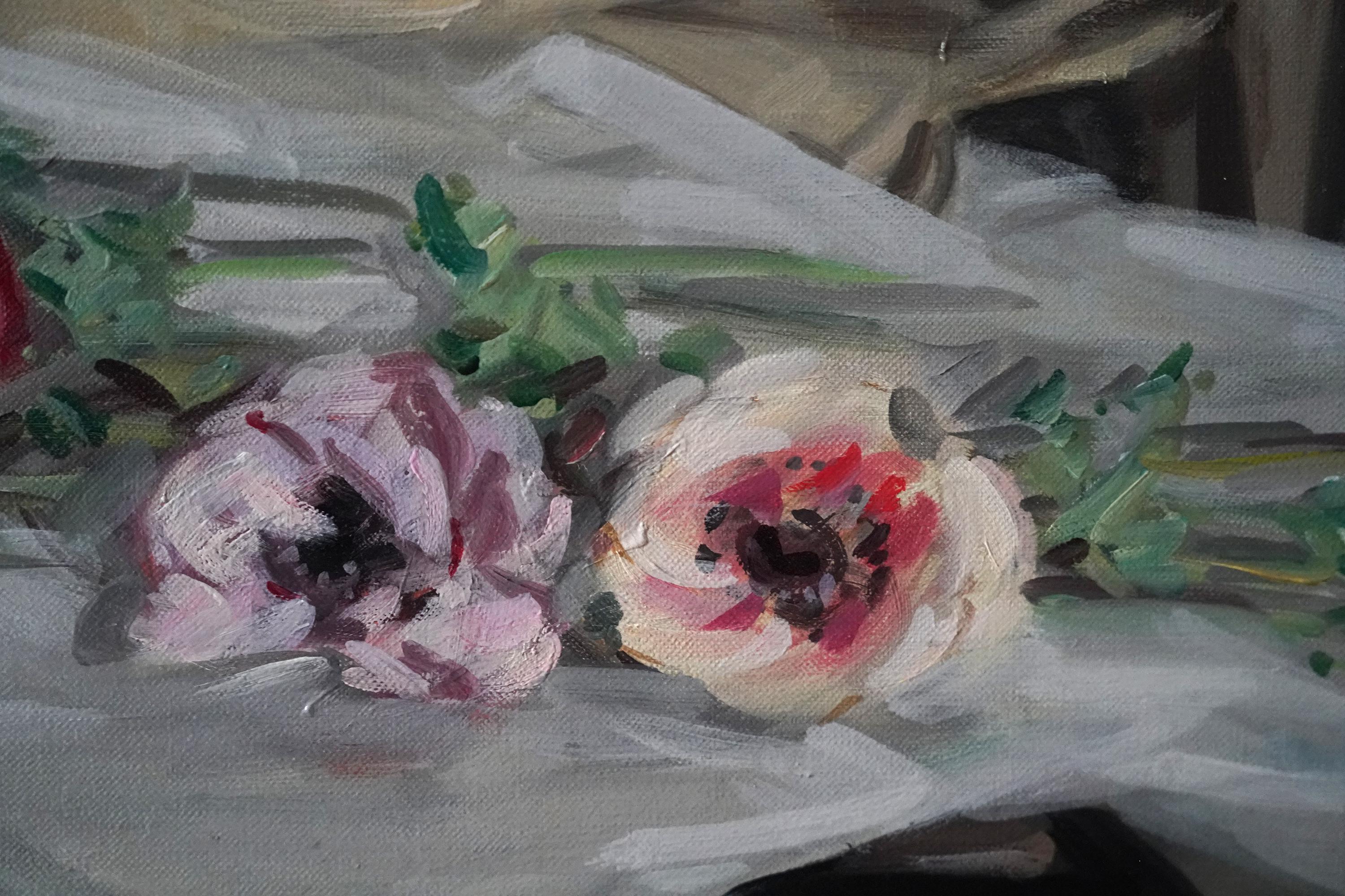 Este precioso escocés  El óleo floral impresionista es obra del célebre artista escocés William Somerville Shanks. Pintada en 1937, la composición representa un ramo de anémonas rosas, blancas y rojas, tumbadas despreocupadamente sobre el papel en