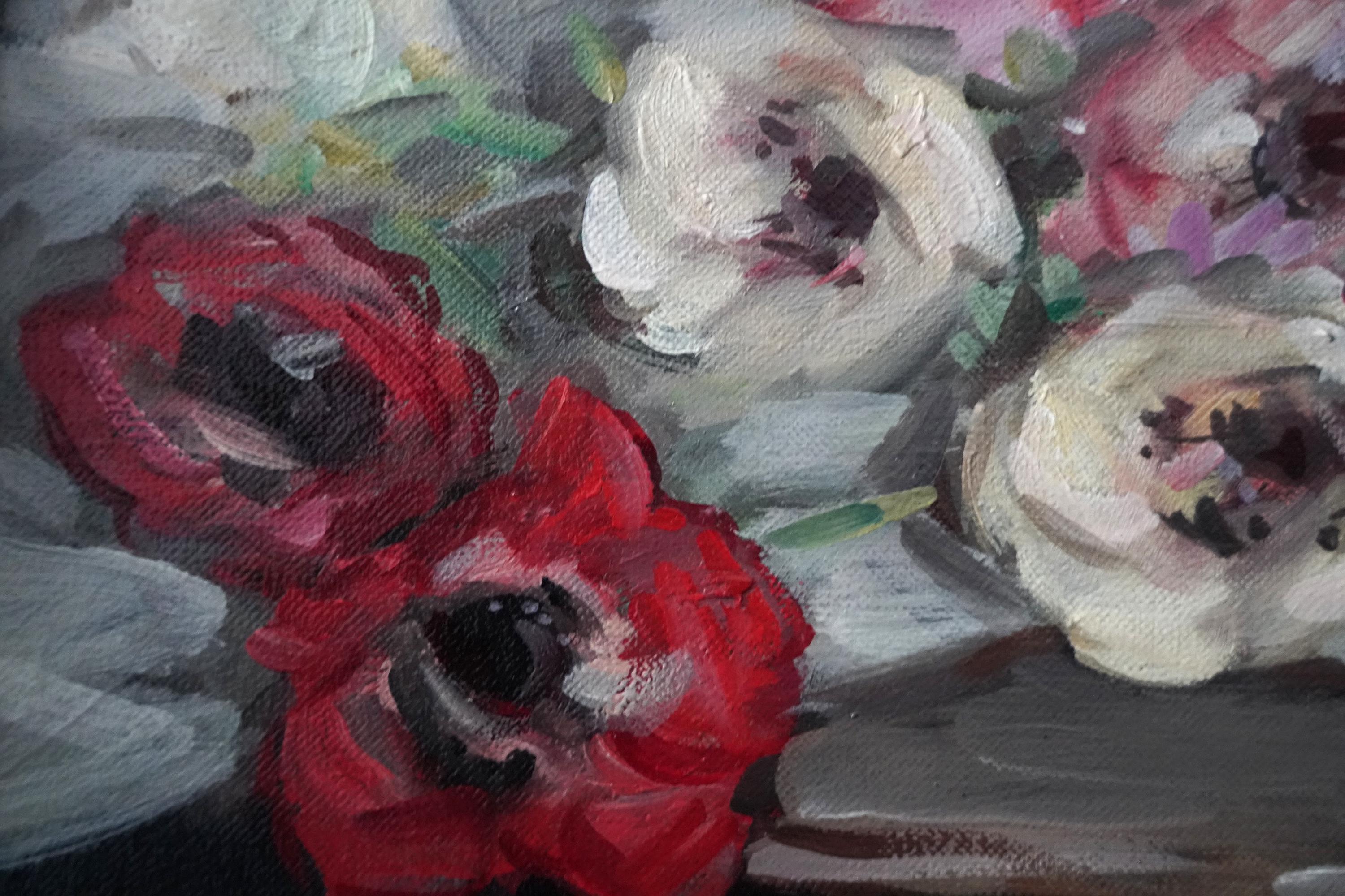 Anémonas - Óleo floral de arte impresionista escocés de los años treinta en venta 3