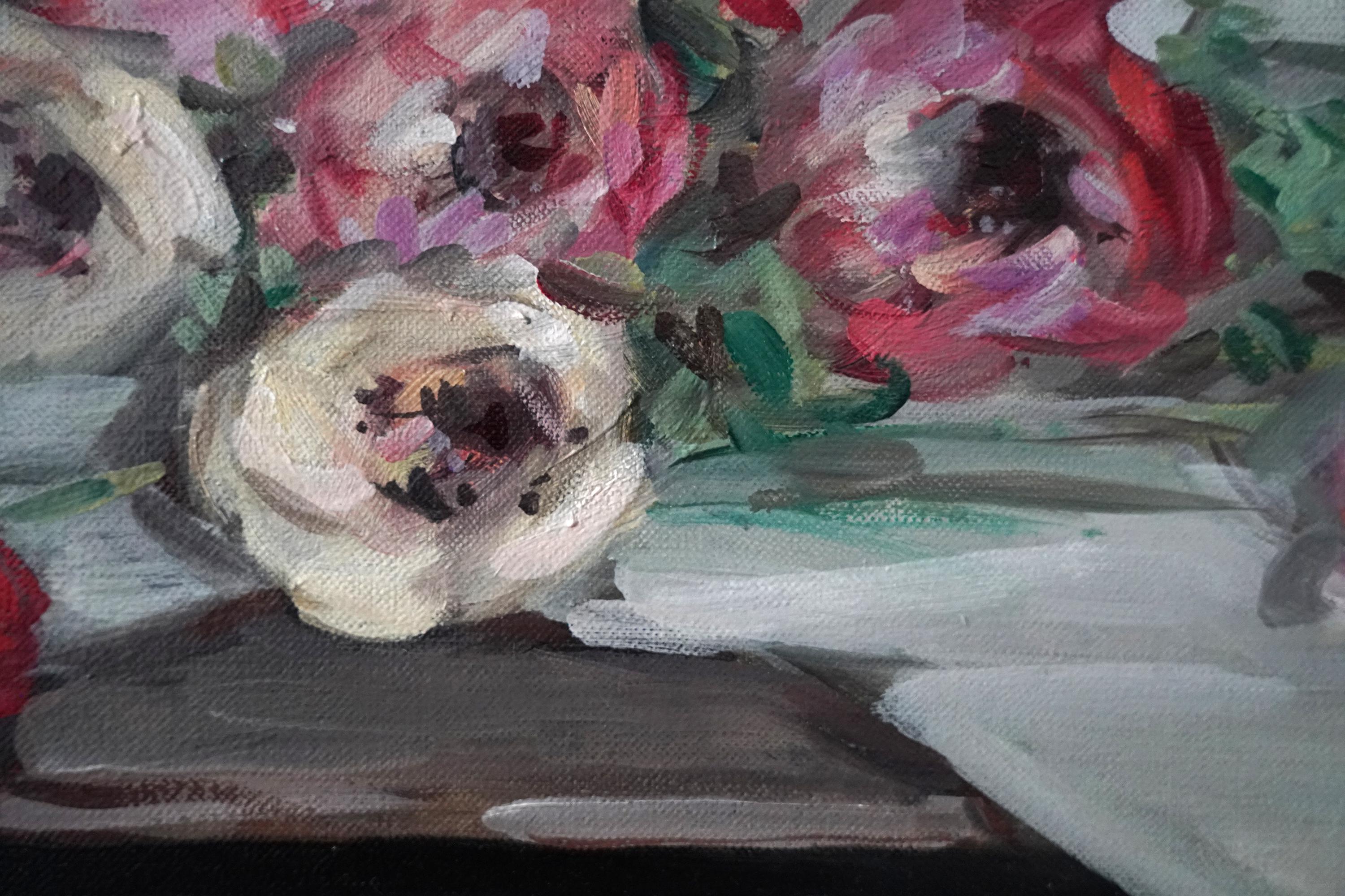 Anémonas - Óleo floral de arte impresionista escocés de los años treinta en venta 4