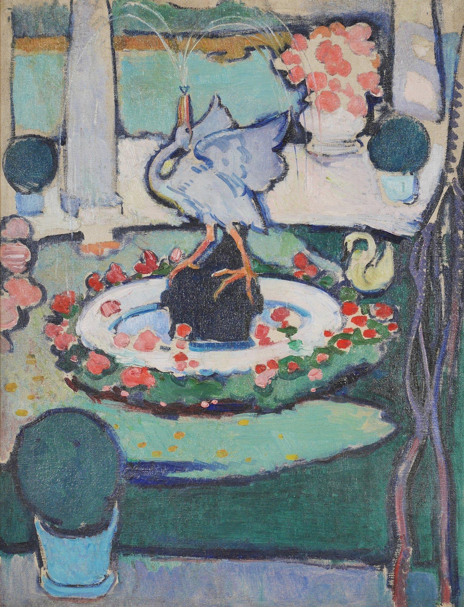 Lebendiges modernistisches Gemälde des frühen 20. Jahrhunderts, Stillleben, Kranichbrunnen – Painting von William Sommer
