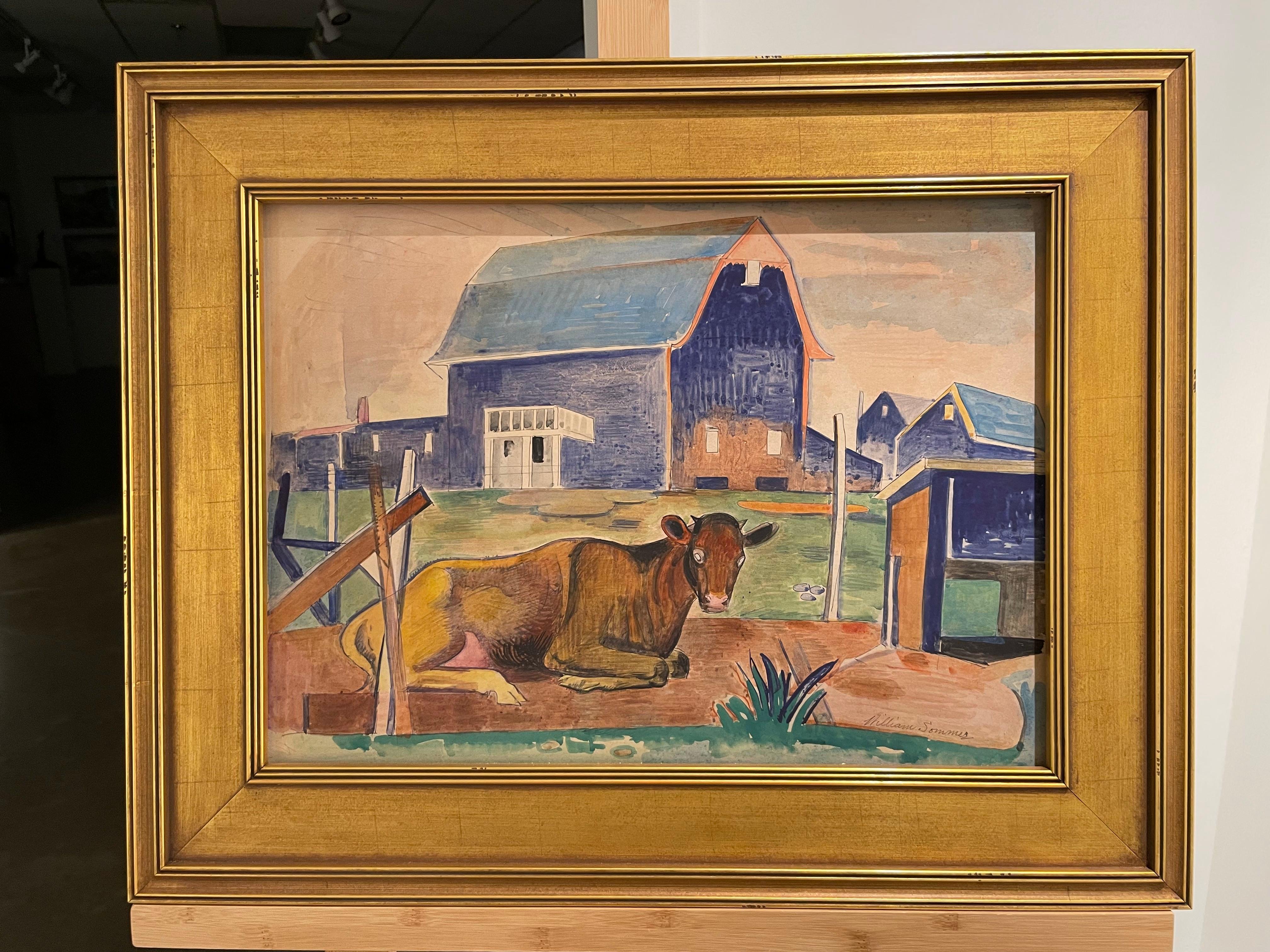 Paisaje en acuarela modernista de mediados de siglo con caballo, Escuela de Cleveland en venta 5