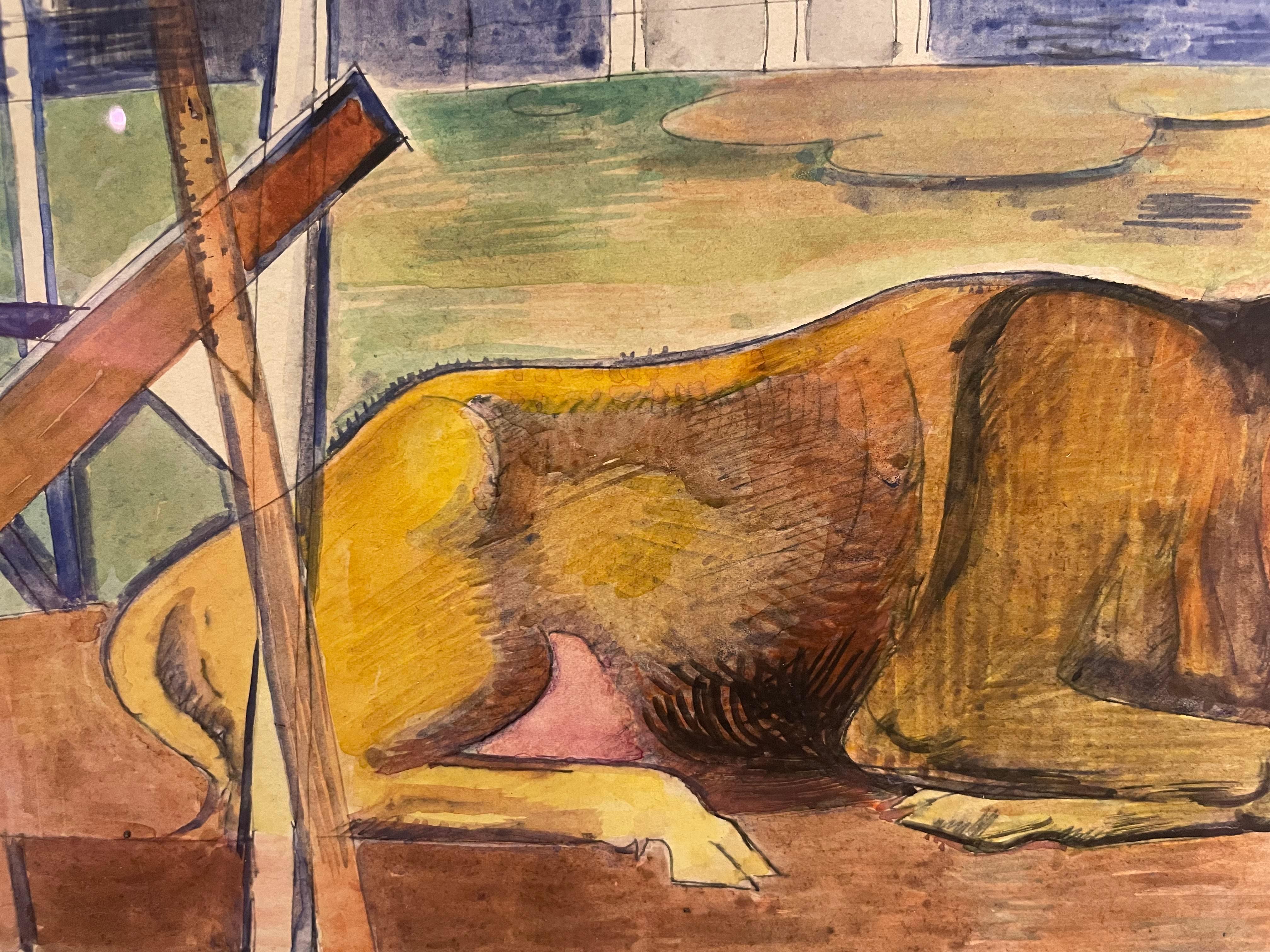 Paisaje en acuarela modernista de mediados de siglo con caballo, Escuela de Cleveland en venta 6