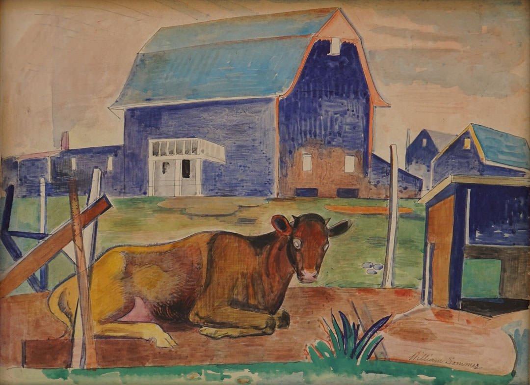 Mid Century Modernist Watercolor Landscape with Horse, Cleveland School - Painting by William Sommer
