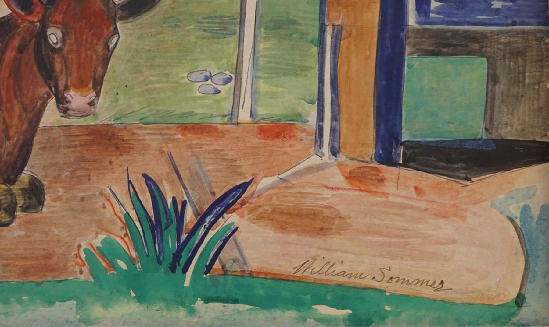 Modernistische Aquarelllandschaft mit Pferd, Cleveland School, Mid-Century Modern (Braun), Landscape Painting, von William Sommer