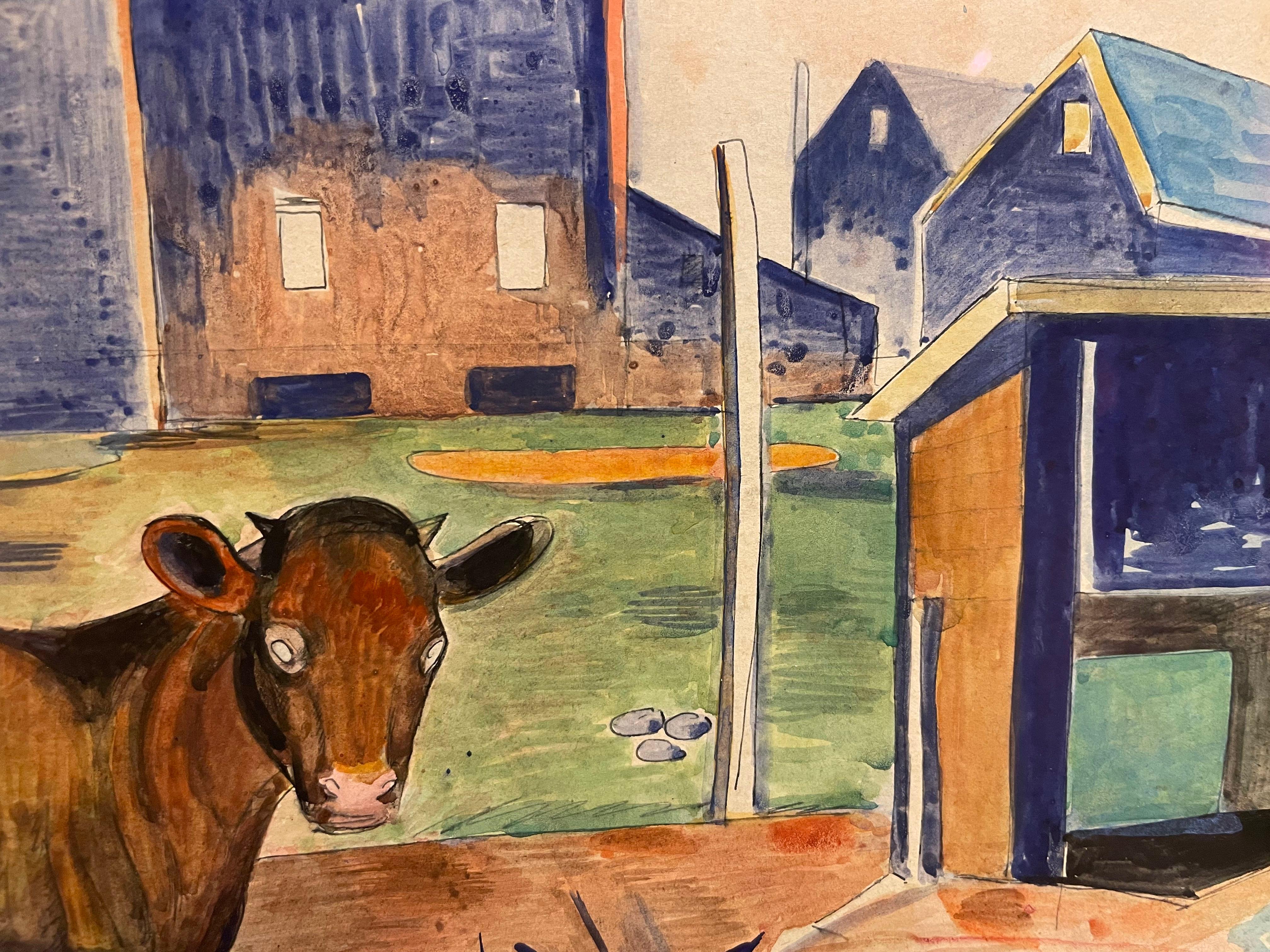 Paisaje en acuarela modernista de mediados de siglo con caballo, Escuela de Cleveland en venta 1