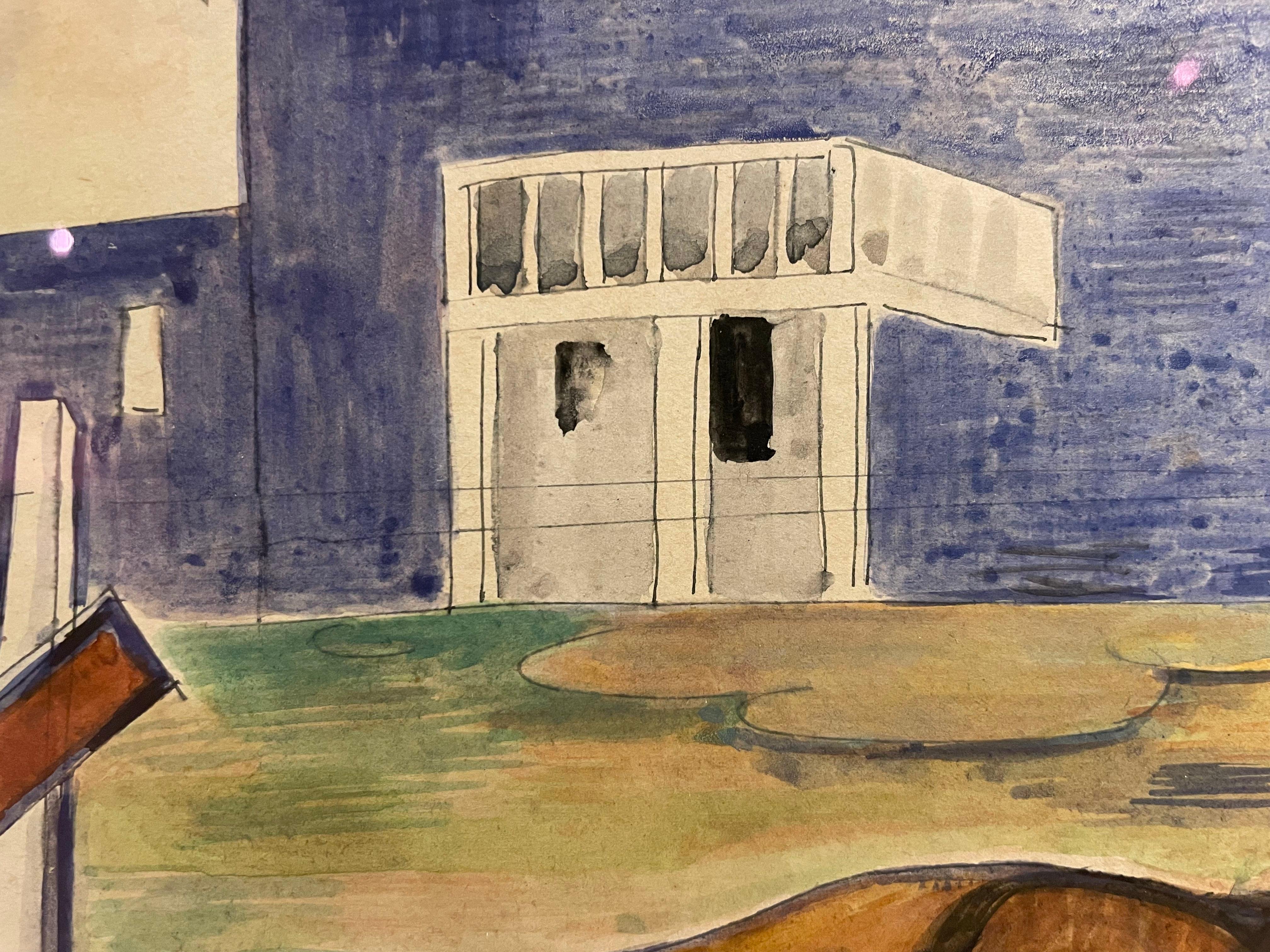 Paisaje en acuarela modernista de mediados de siglo con caballo, Escuela de Cleveland en venta 3
