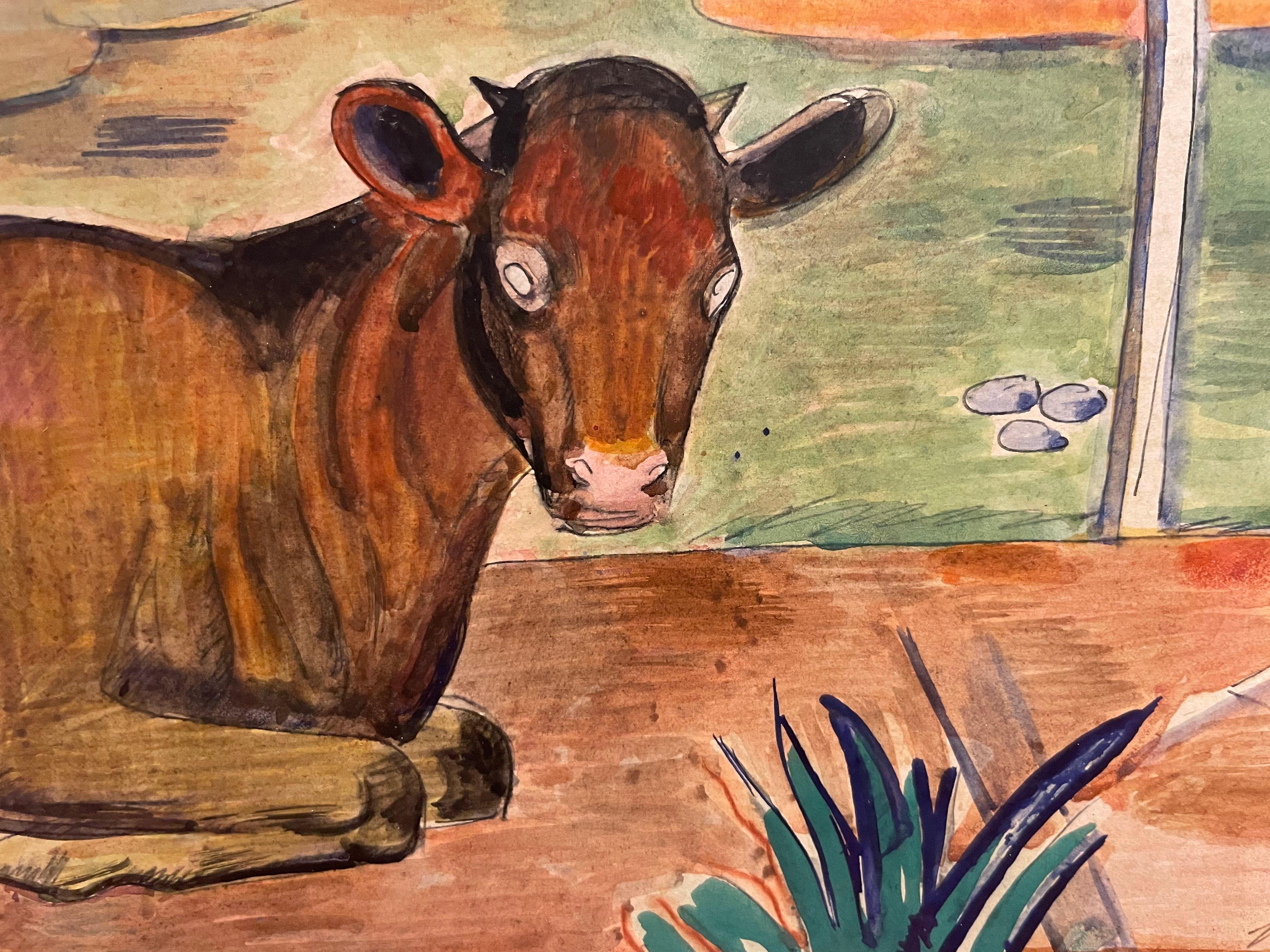 Paisaje en acuarela modernista de mediados de siglo con caballo, Escuela de Cleveland en venta 4