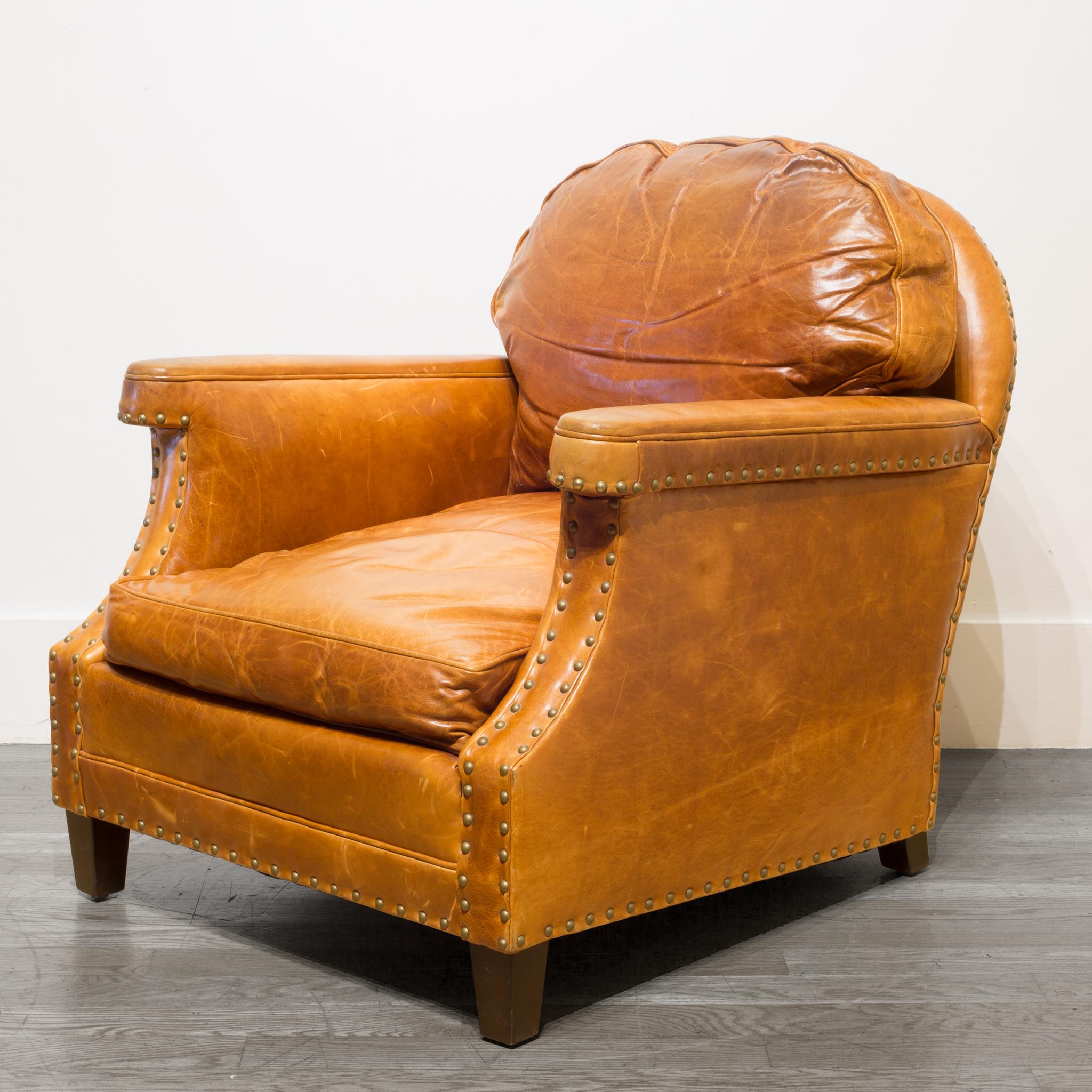 Pair of William-Sonoma Riveted Leather Club Chairs, circa 2007 3
