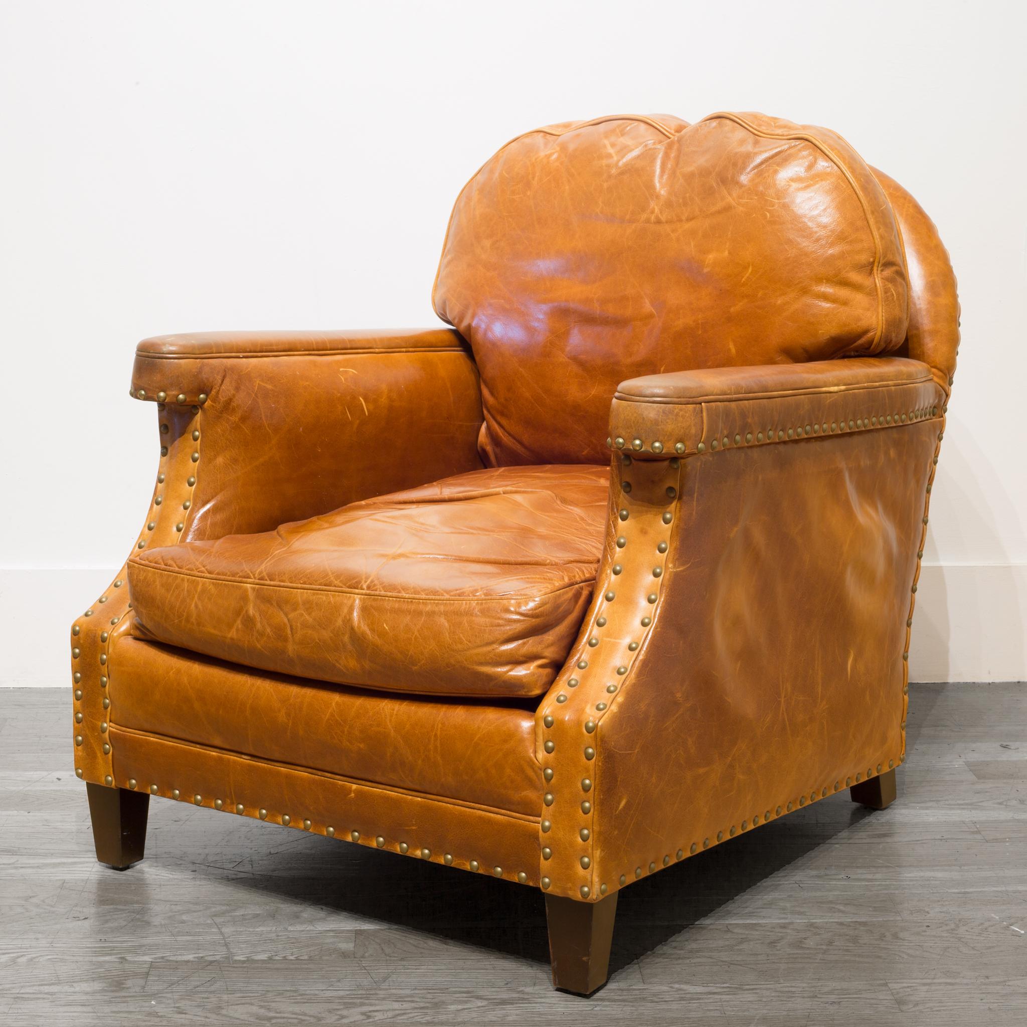 American Pair of William-Sonoma Riveted Leather Club Chairs, circa 2007