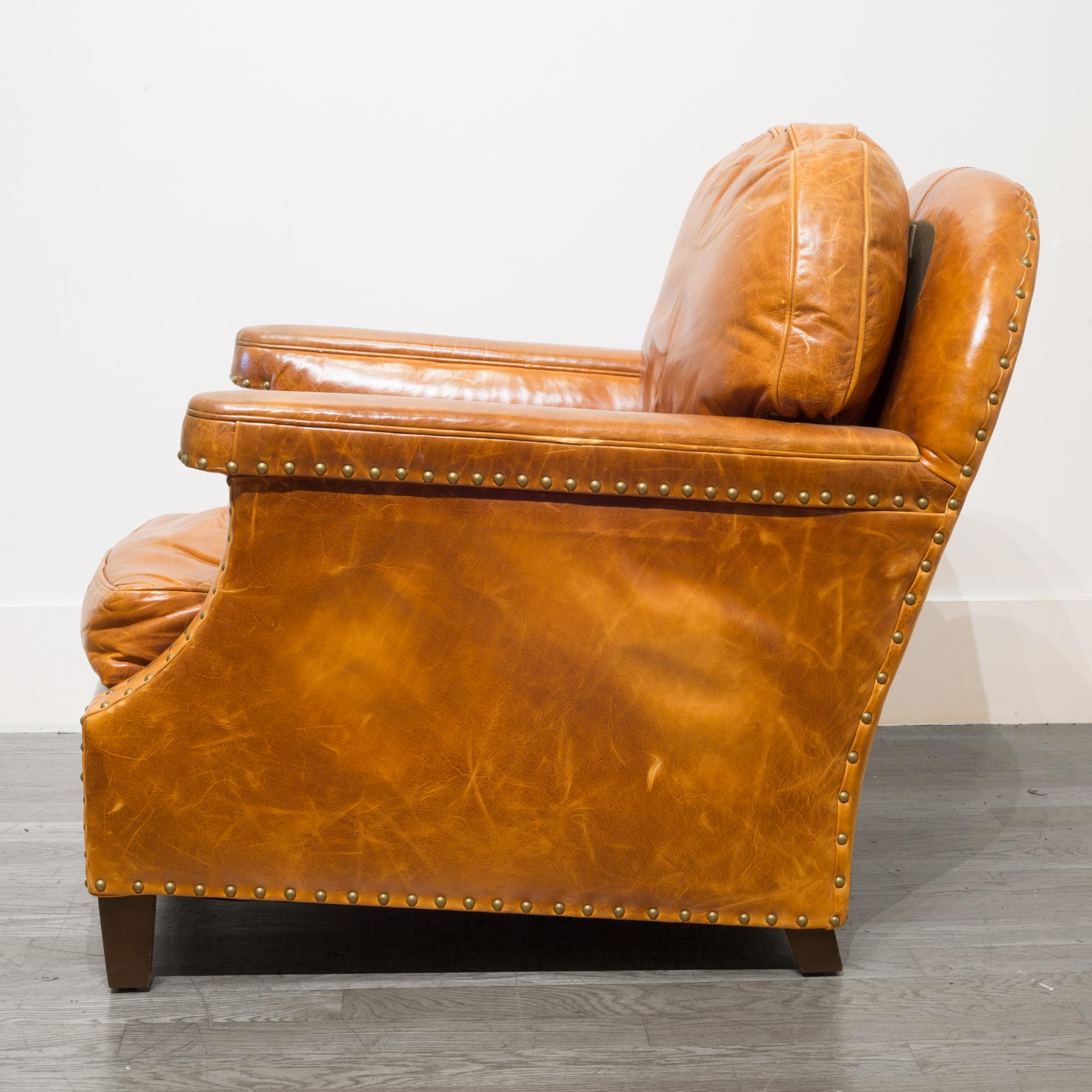 Pair of William-Sonoma Riveted Leather Club Chairs, circa 2007 In Good Condition In San Francisco, CA
