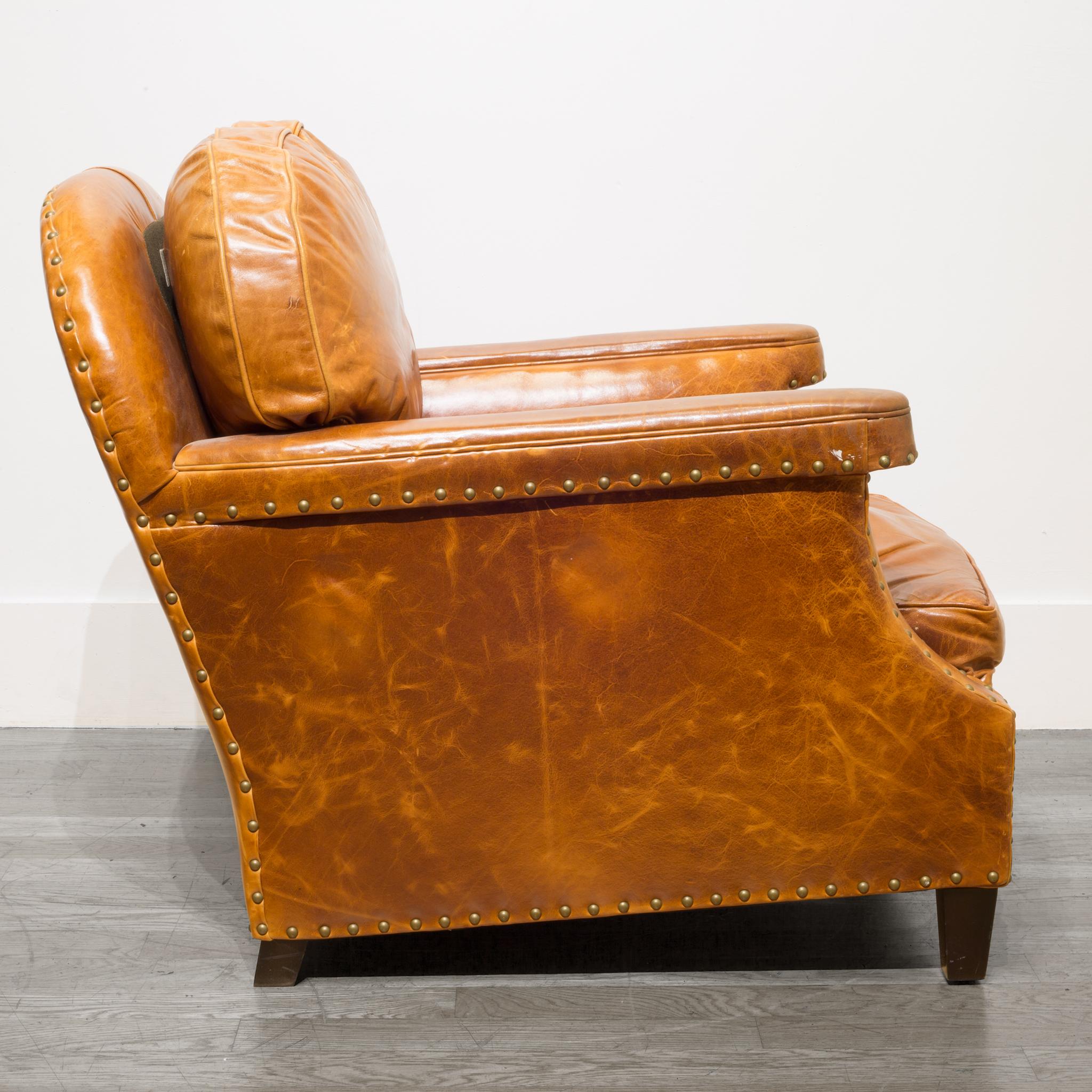 Brass Pair of William-Sonoma Riveted Leather Club Chairs, circa 2007