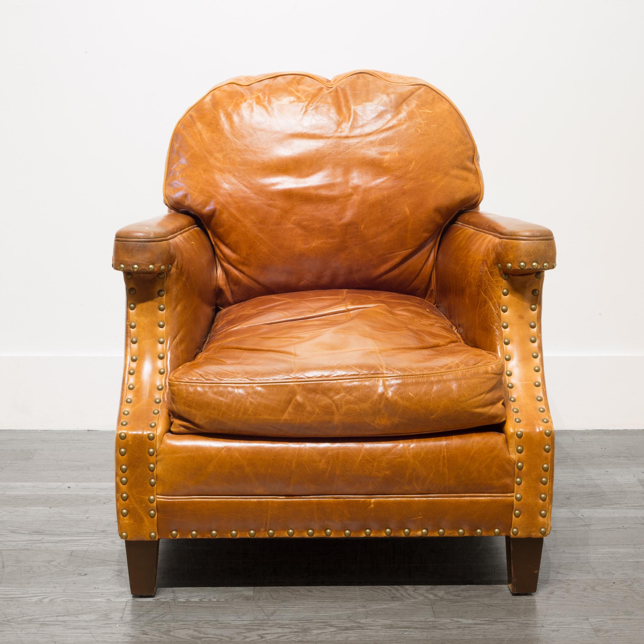 Pair of William-Sonoma Riveted Leather Club Chairs, circa 2007 1