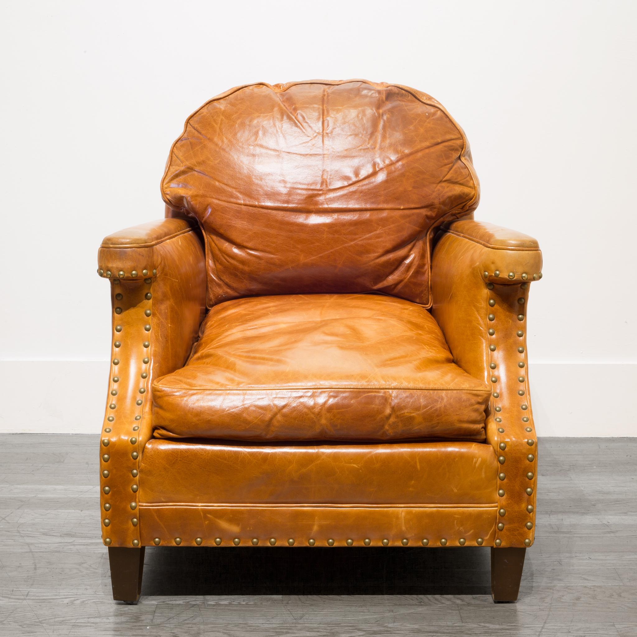 Pair of William-Sonoma Riveted Leather Club Chairs, circa 2007 2