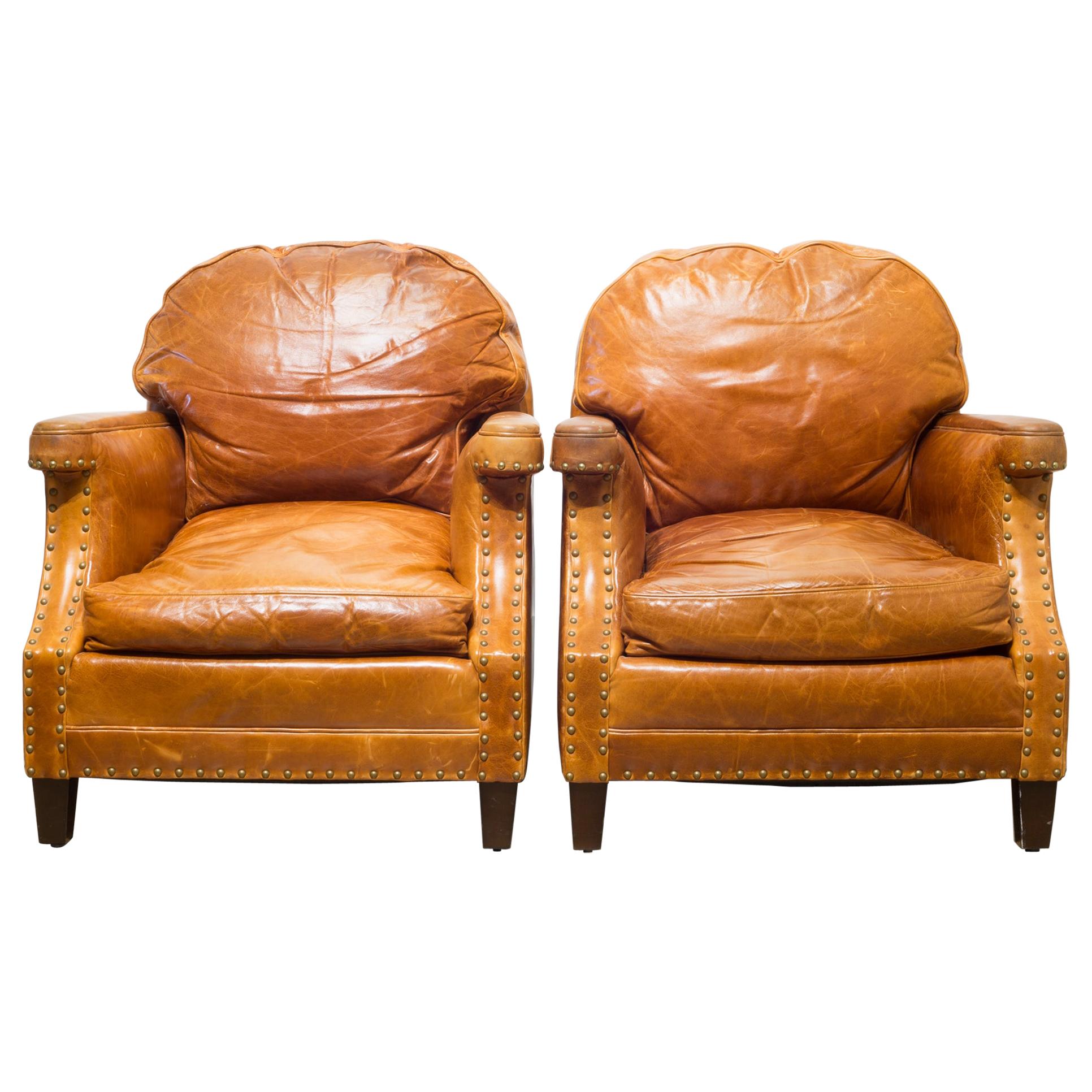 Pair of William-Sonoma Riveted Leather Club Chairs, circa 2007
