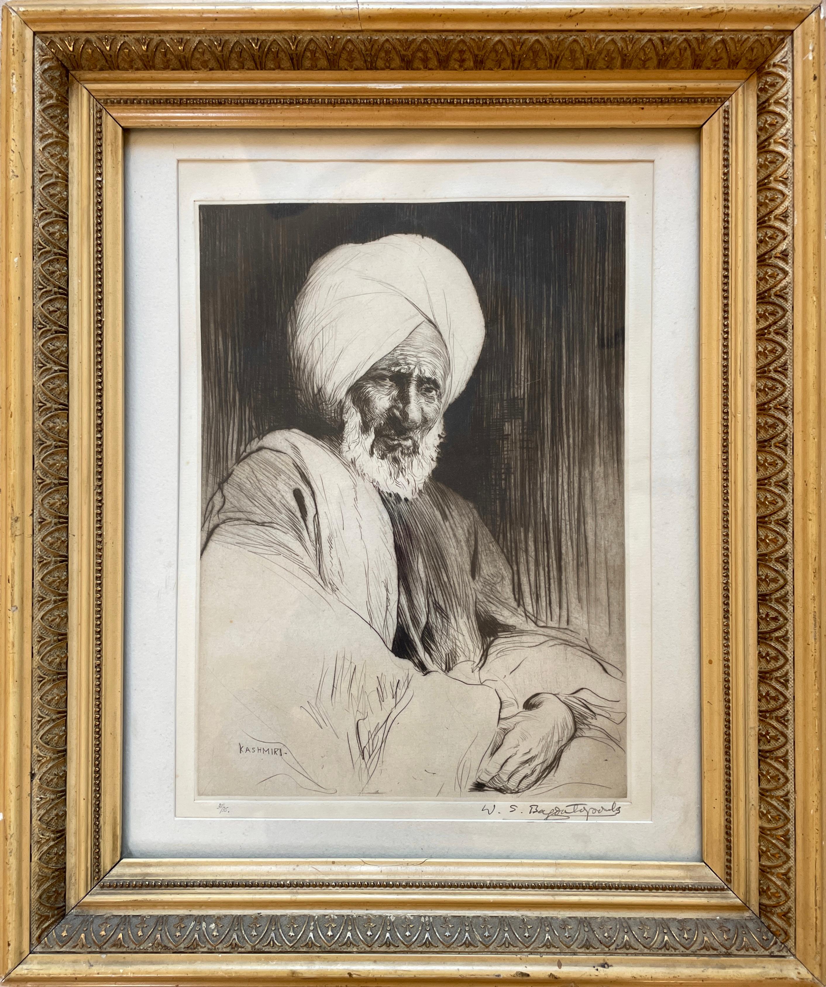 William Spencer Bagdatopoulos Portrait Print - Early 20th century Ltd Edition 33/35 Etching Indian Art Kashmiri Man Portrait  