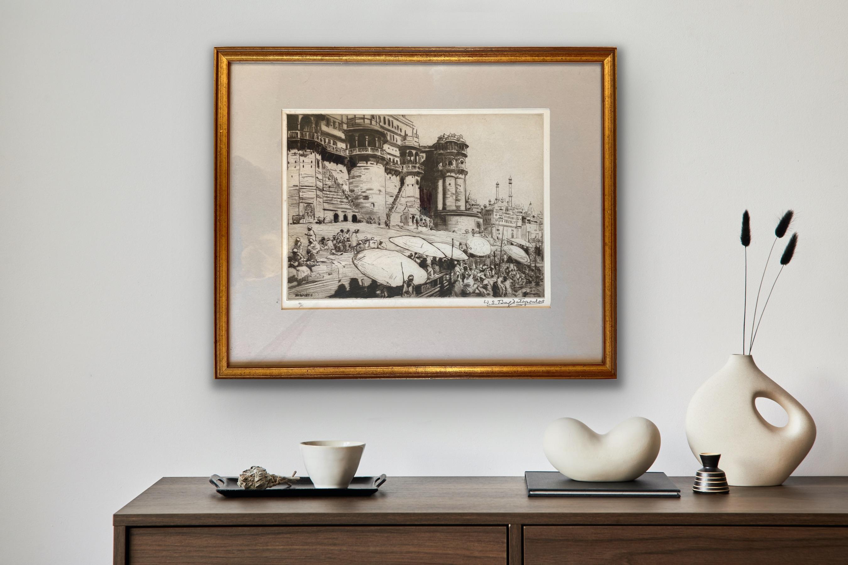 Inizio del XX secolo Ltd Acquaforte Arte indiana quotata Benares Varanasi Gange India 11