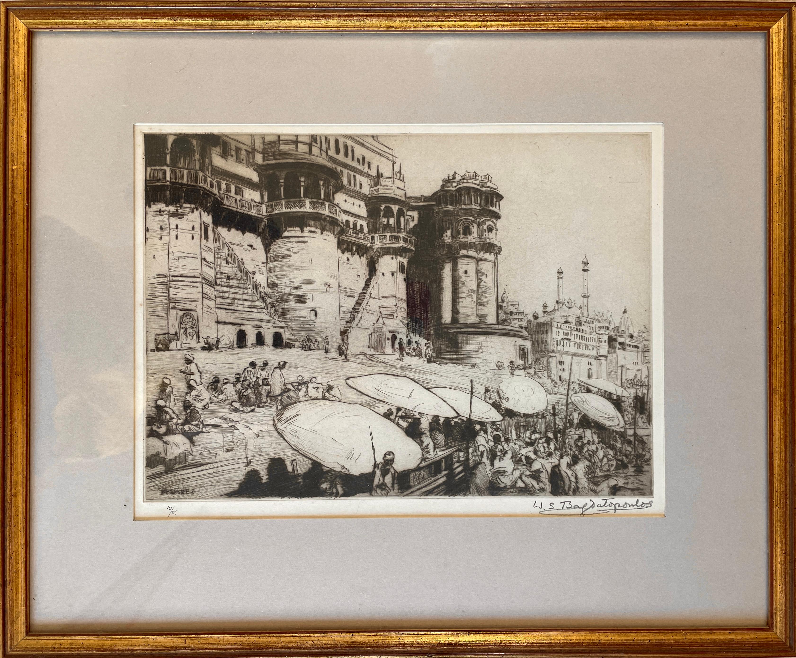 Early 20th century Ltd Etching Indian Listed Art Benares Varanasi Ganges India  - Print by William Spencer Bagdatopoulos