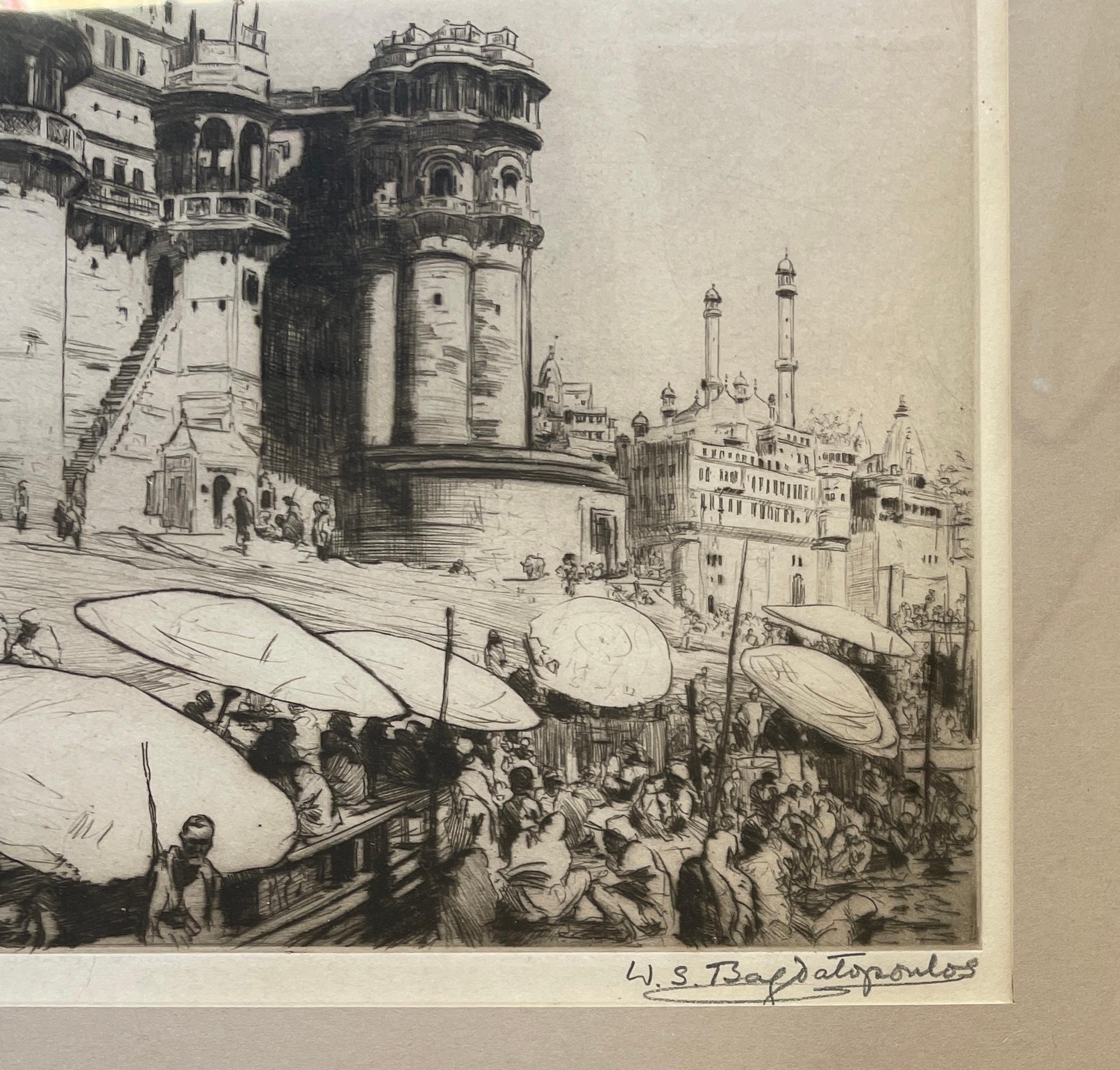 Inizio del XX secolo Ltd Acquaforte Arte indiana quotata Benares Varanasi Gange India - Landscape Print Grigio di William Spencer Bagdatopoulos