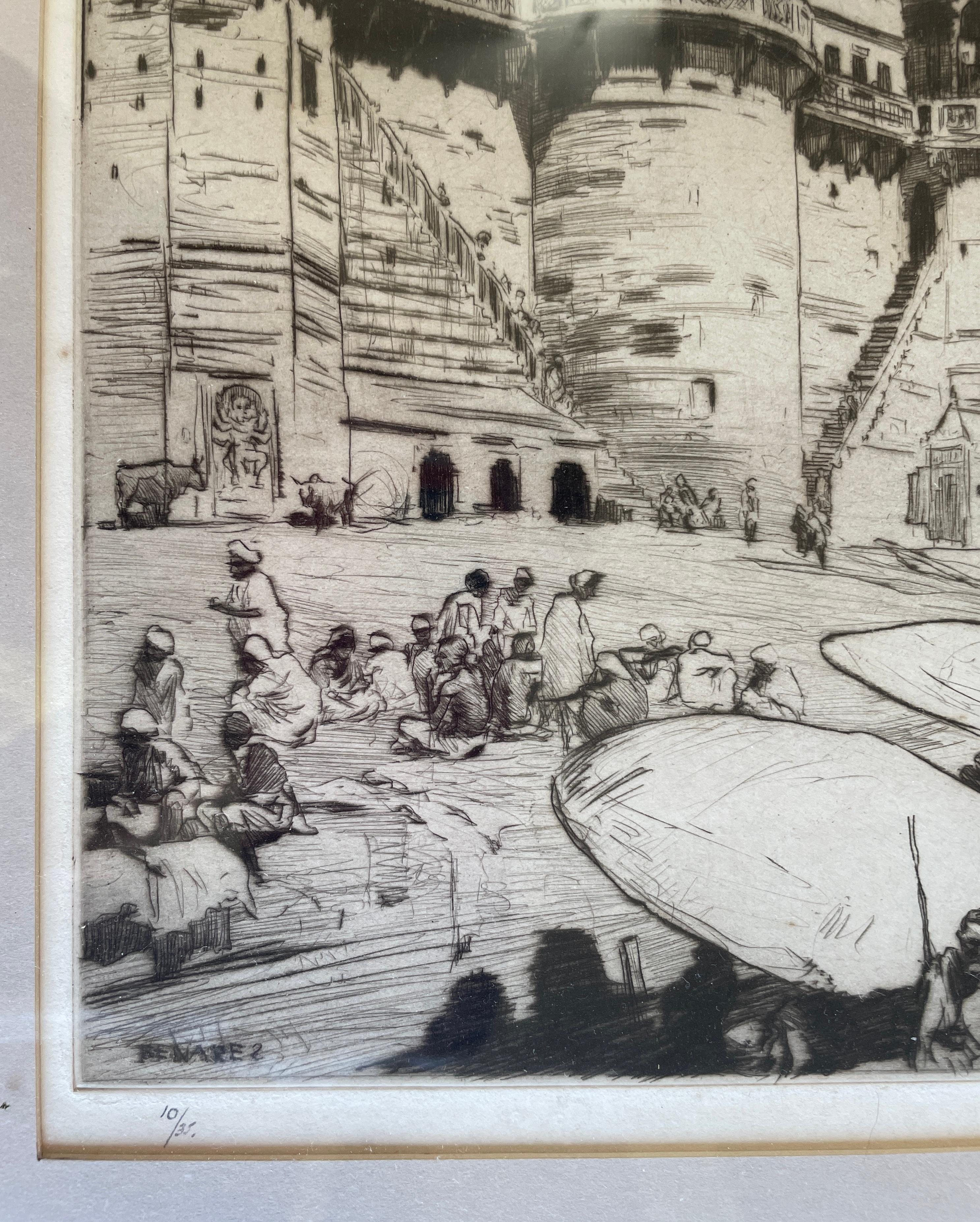 Early 20th century Ltd Etching Indian Listed Art Benares Varanasi Ganges India  1