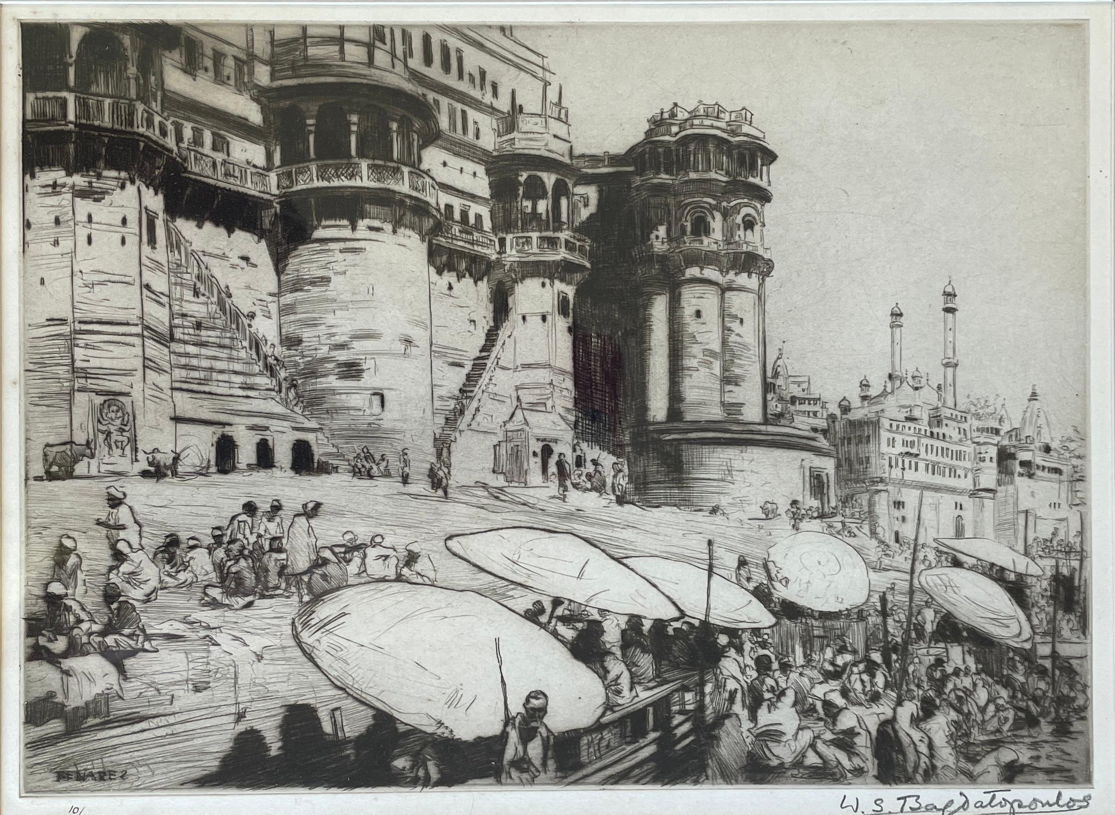 William Spencer Bagdatopoulos Landscape Print - Early 20th century Ltd Etching Indian Listed Art Benares Varanasi Ganges India 