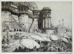 Early 20th century Ltd Etching Indian Listed Art Benares Varanasi Ganges India 