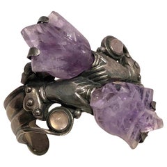 William Spratling 1940s Steling and Amethyst Large Tulip Cuff Bracelet