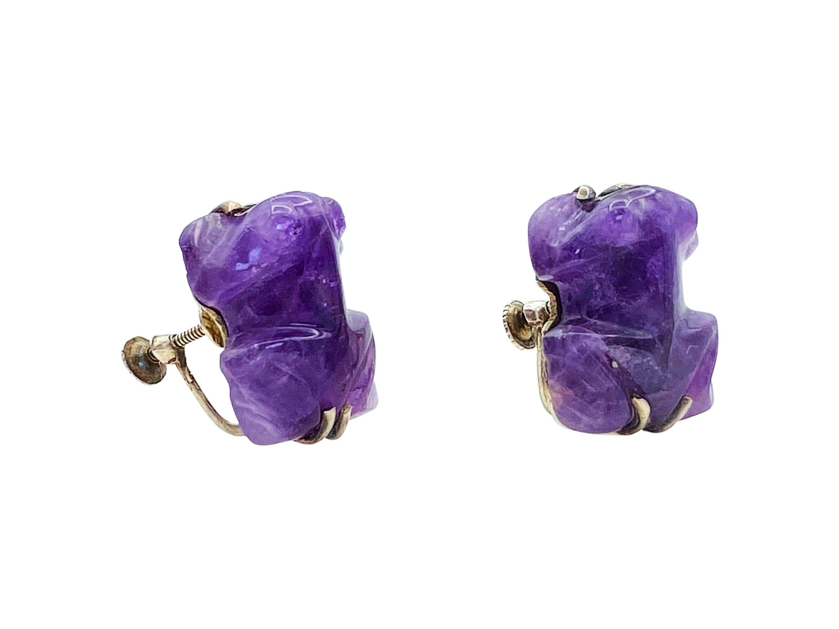 Artisan William Spratling Amethyst Carved Frogs Taxco Silver Mexico Earrings Circa 1940s