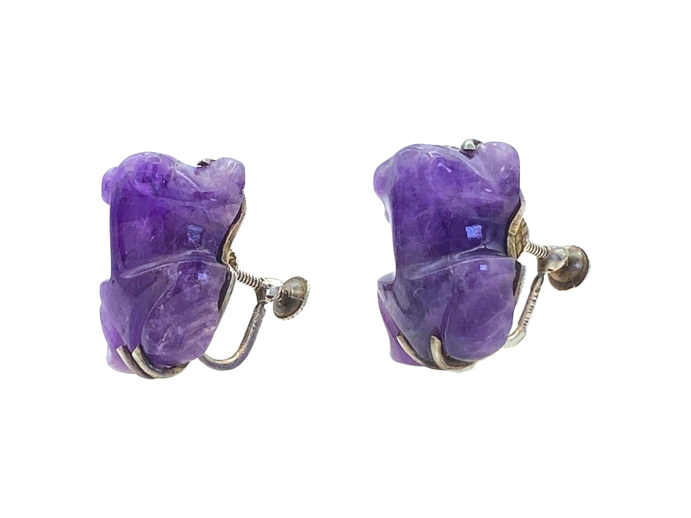 Mixed Cut William Spratling Amethyst Carved Frogs Taxco Silver Mexico Earrings Circa 1940s