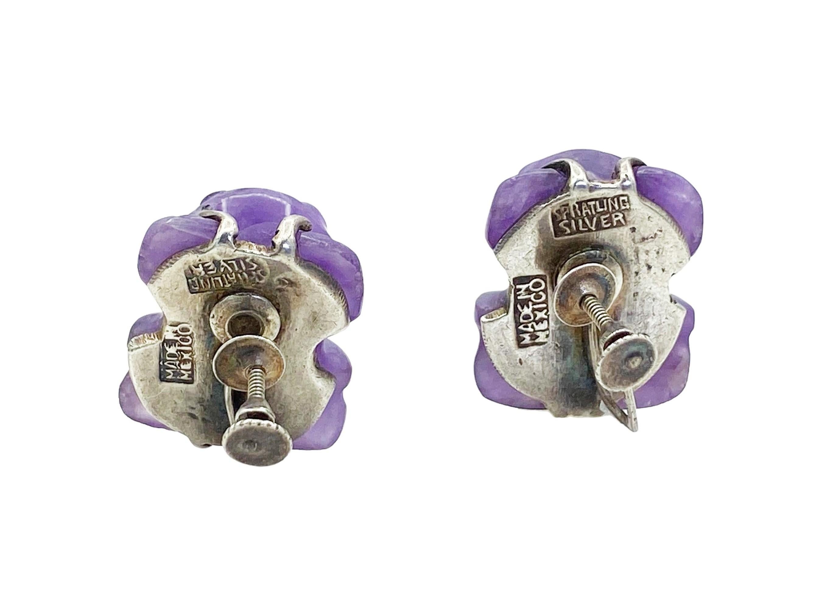 William Spratling Amethyst Carved Frogs Taxco Silver Mexico Earrings Circa 1940s In Good Condition In North Attleboro, MA