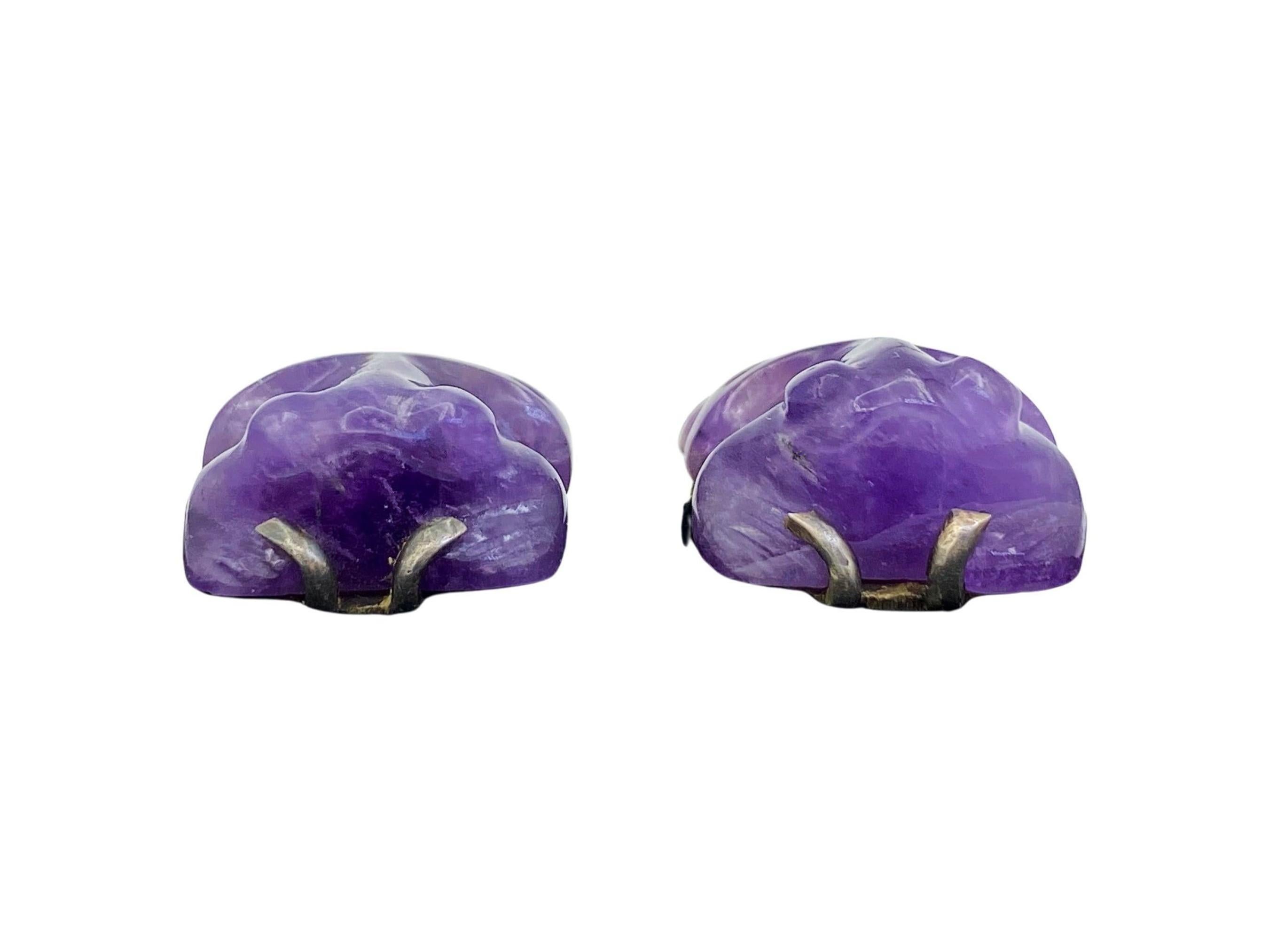 Women's William Spratling Amethyst Carved Frogs Taxco Silver Mexico Earrings Circa 1940s