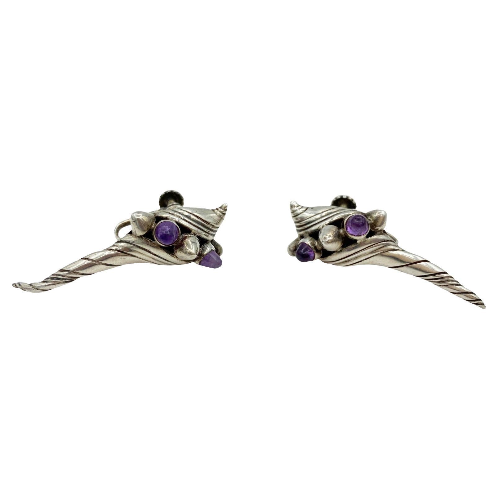 William Spratling Amethyst Spiral Conch Sea Shell Silver Earrings Vintage, 1950s For Sale