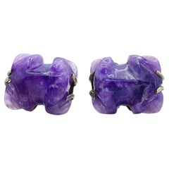 William Spratling Amethyst Carved Frogs Taxco Silver Mexico Earrings Circa 1940s