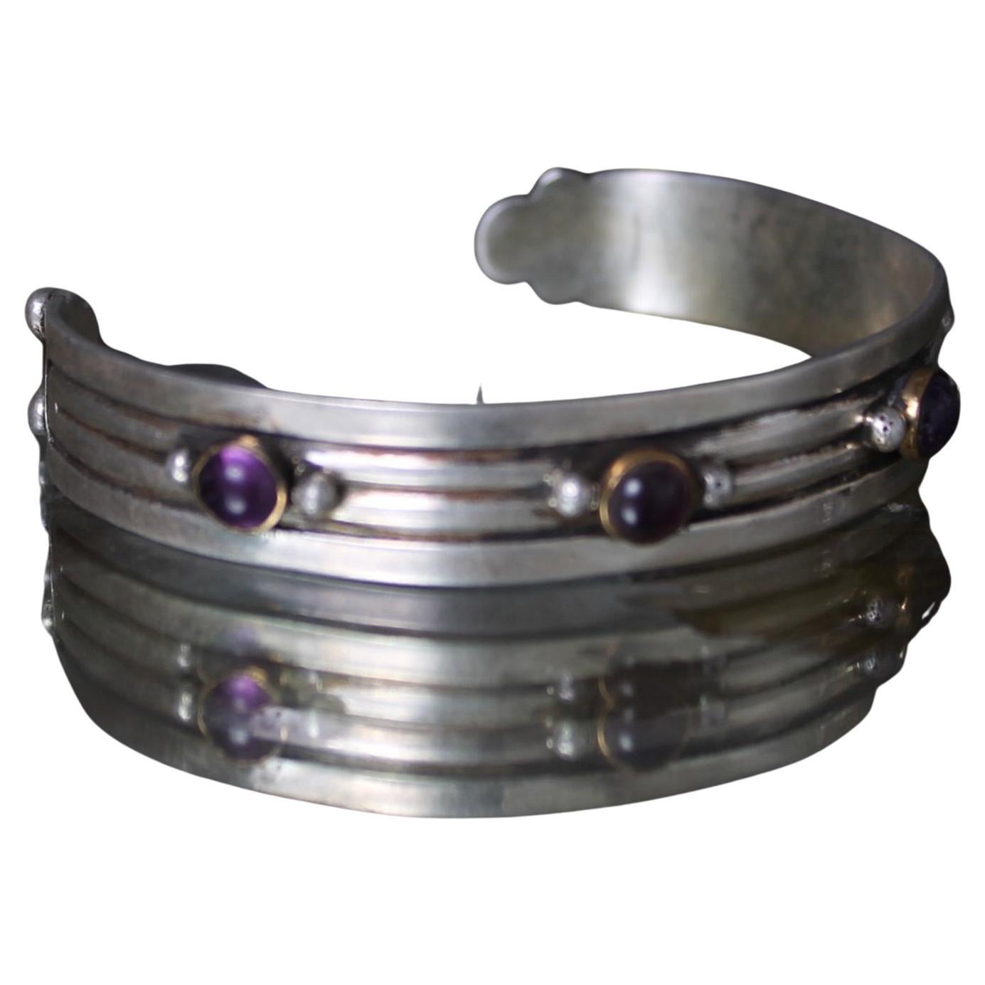 Mid-Century Modern William Spratling Bracelet manchette en argent sterling, laiton et améthyste Taxco, Mexique