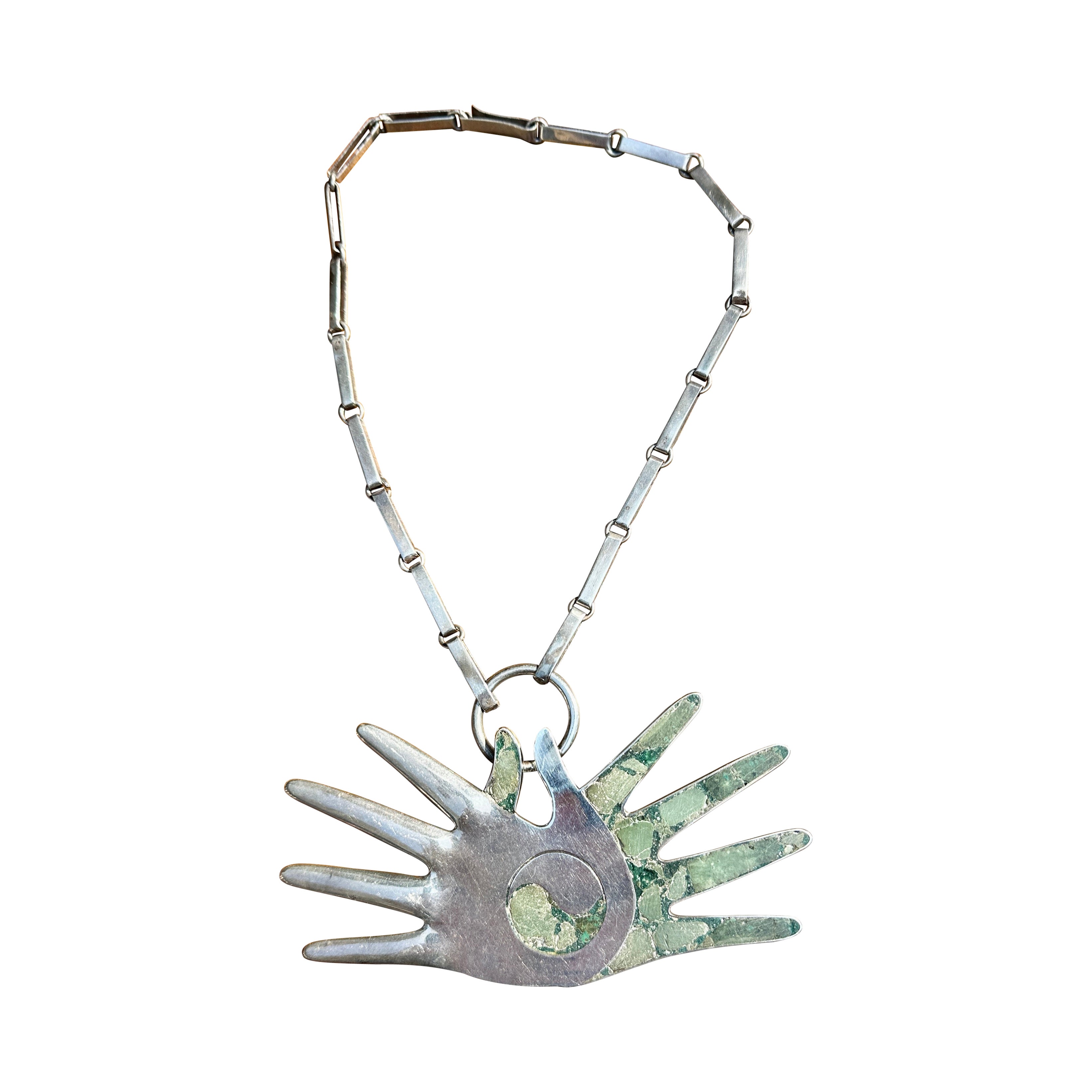 William Spratling Hands Halskette Yin/ Yang Silber Hartstein Chip Inlay 1965-1967 im Angebot