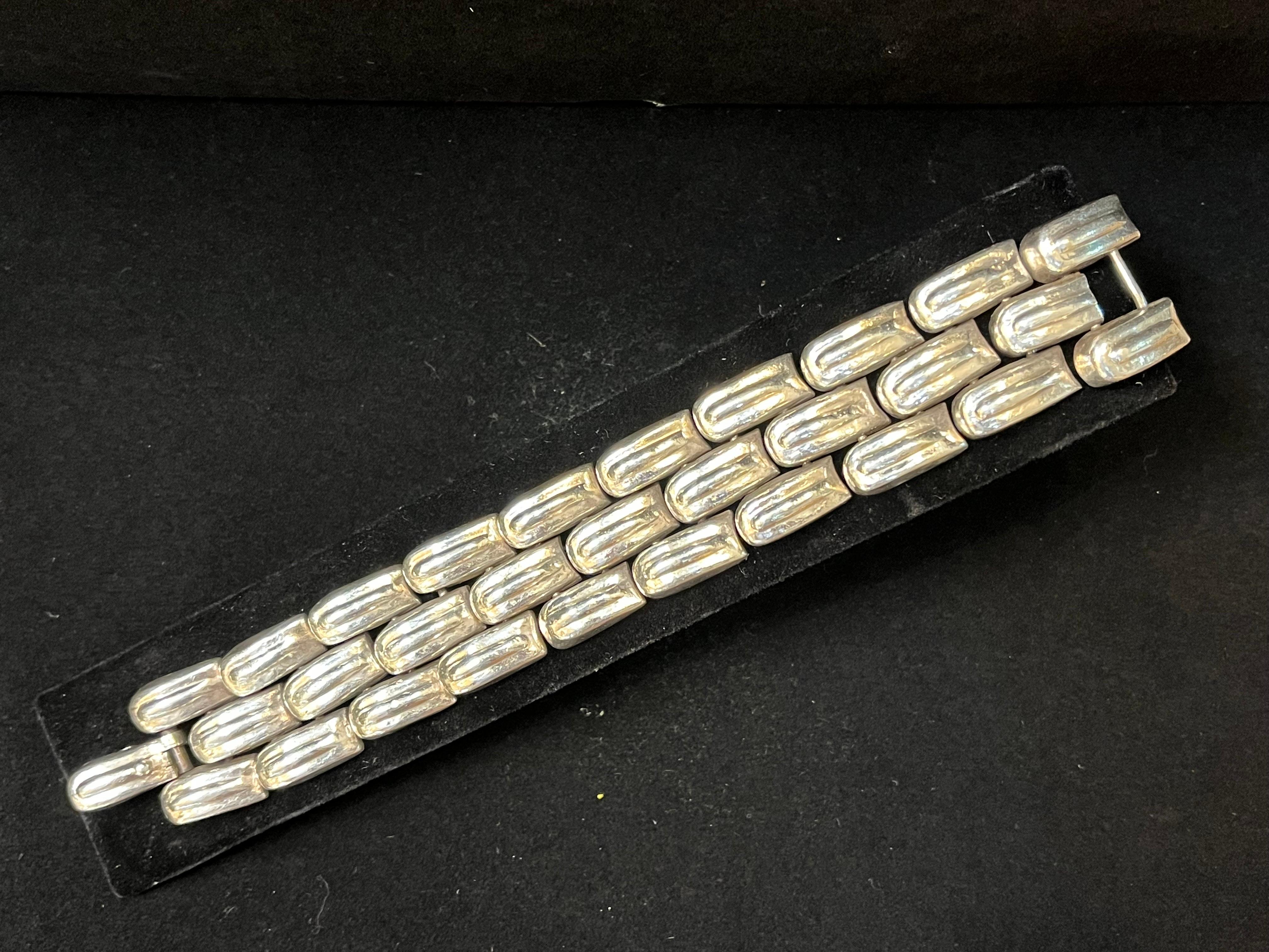 A vintage, circa 1940s signed sterling silver bracelet by William Spratling. This design is called Feather of Quetzalcoatl. According to 
