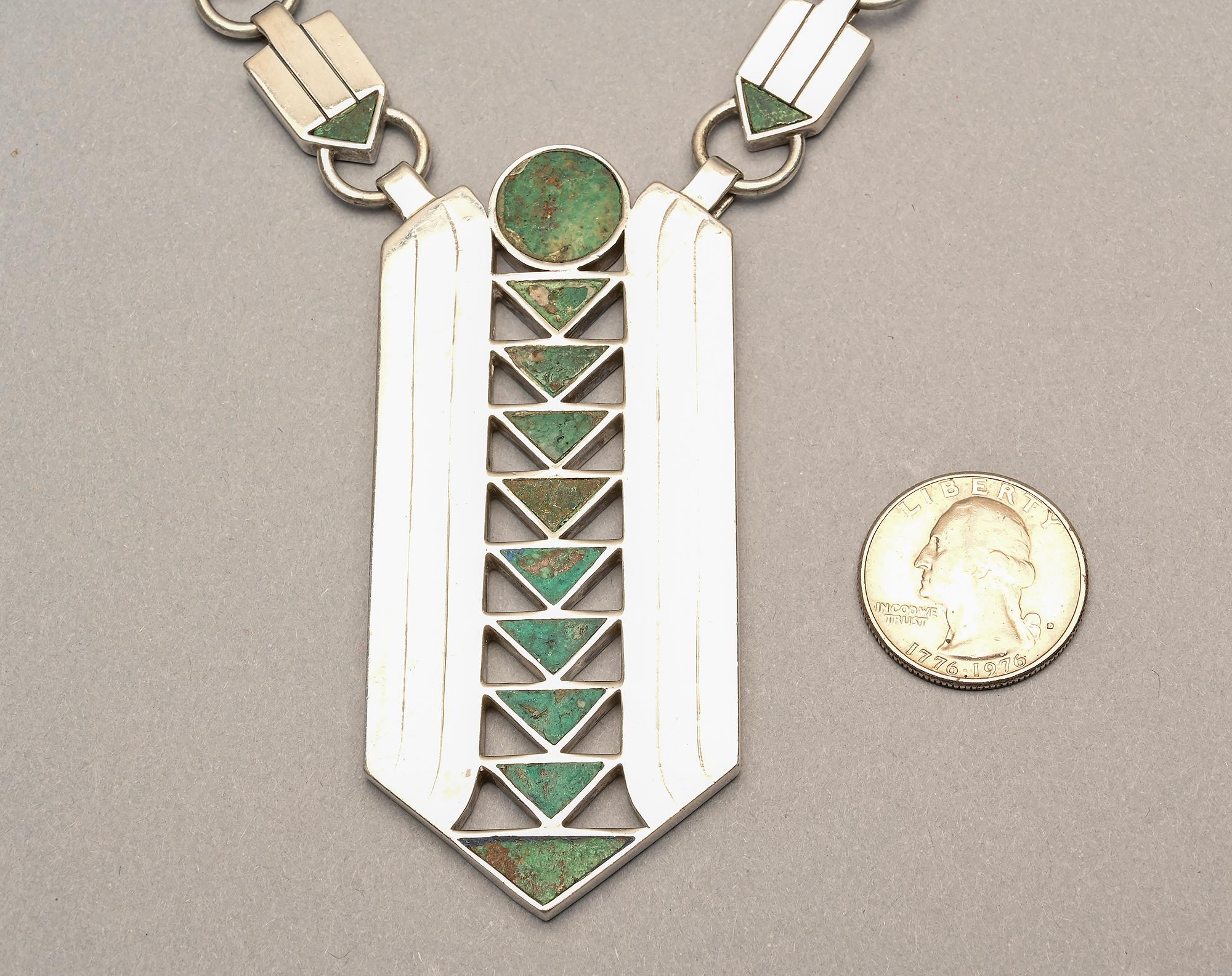 Artisan William Spratling Silver and Azure Malachite Arrows Necklace