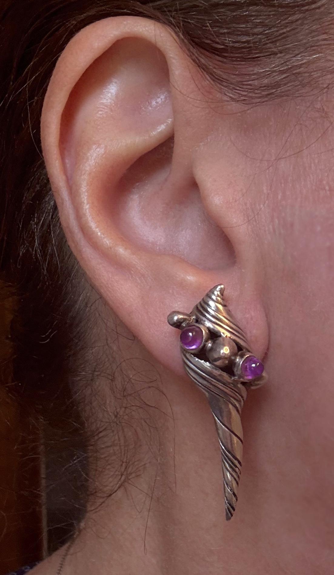 Modernist William Spratling Sterling & Amethyst Shell Earrings, 1950s, Ex-Goddard Estate For Sale