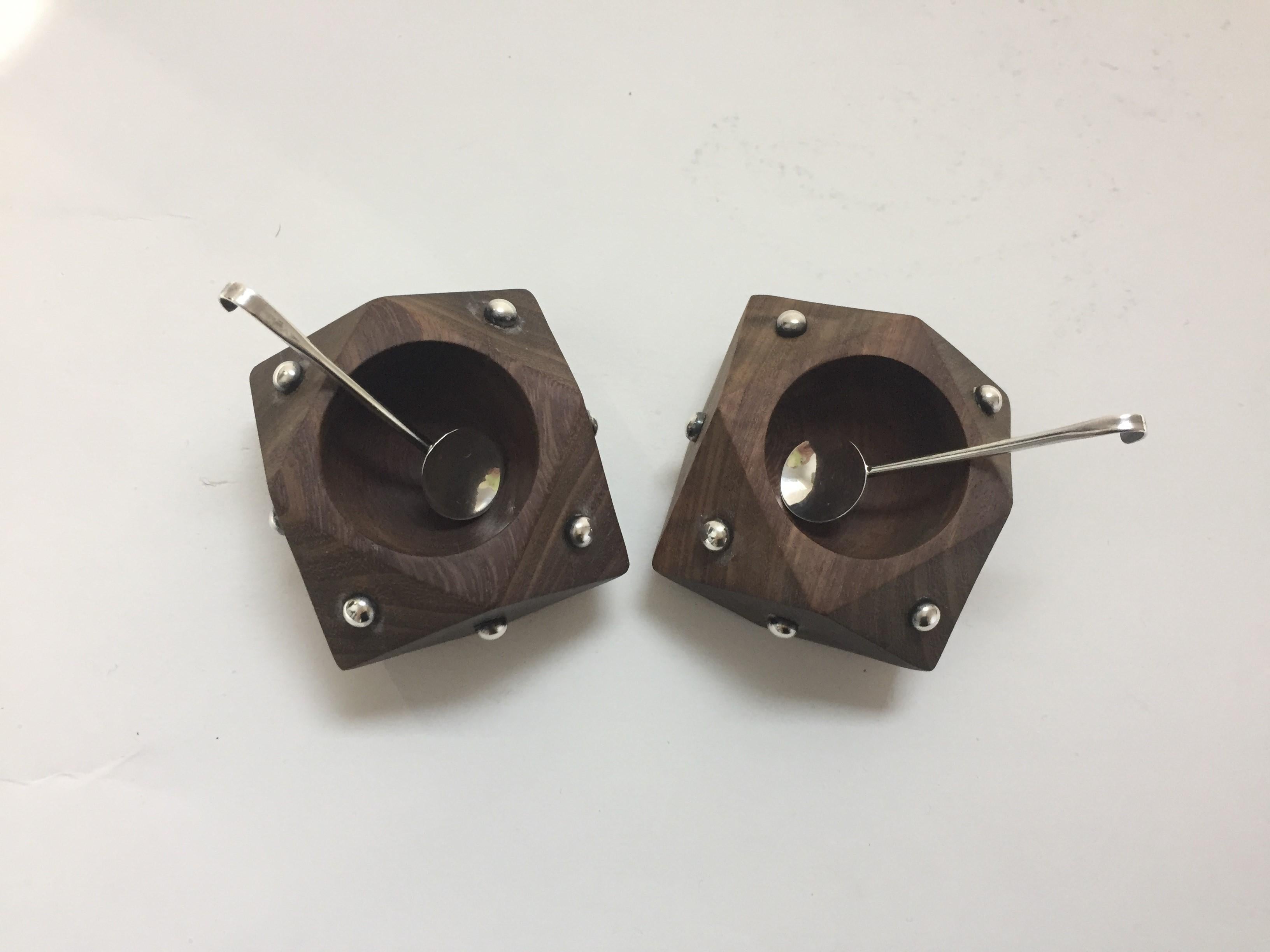 Mid-Century Modern William Spratling Style Sterling Silver and Rosewood Salt Cellars