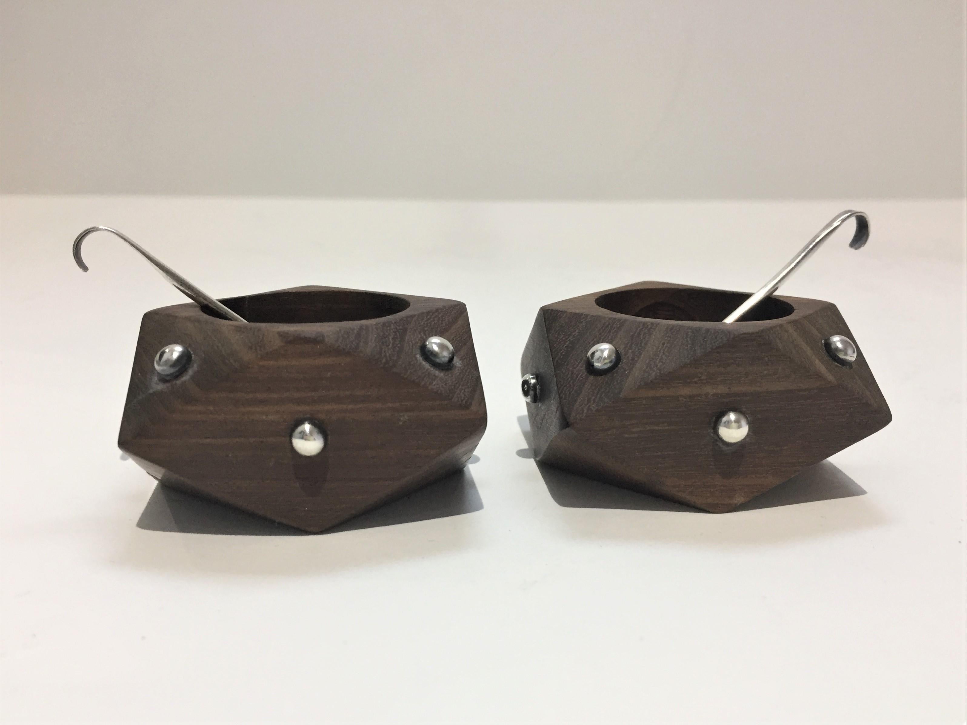 William Spratling Style Sterling Silver and Rosewood Salt Cellars In Good Condition In West Palm Beach, FL