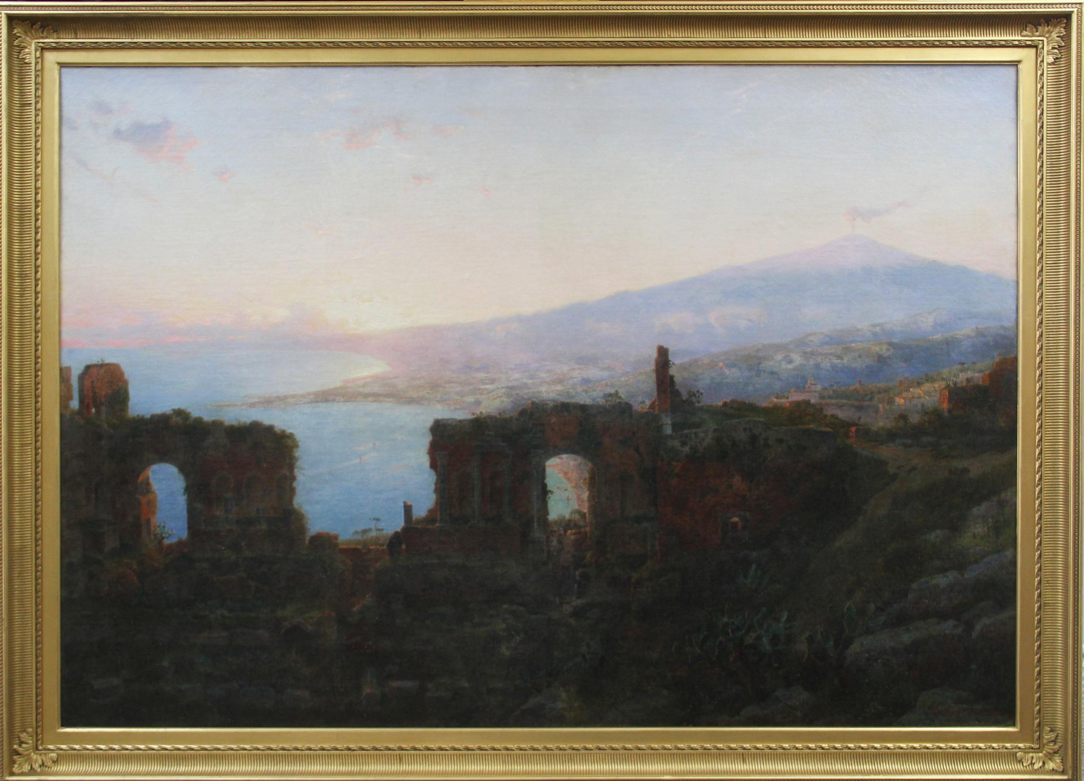 "Mt. Aetna from Taormina" by William Stanley Haseltine is a 41" x 58 1/2" oil on canvas landscape painting from ca. 1876. It comes from a private collection in Buckingham, Pennsylvania and is signed in the lower right “W S Haseltine” . It was