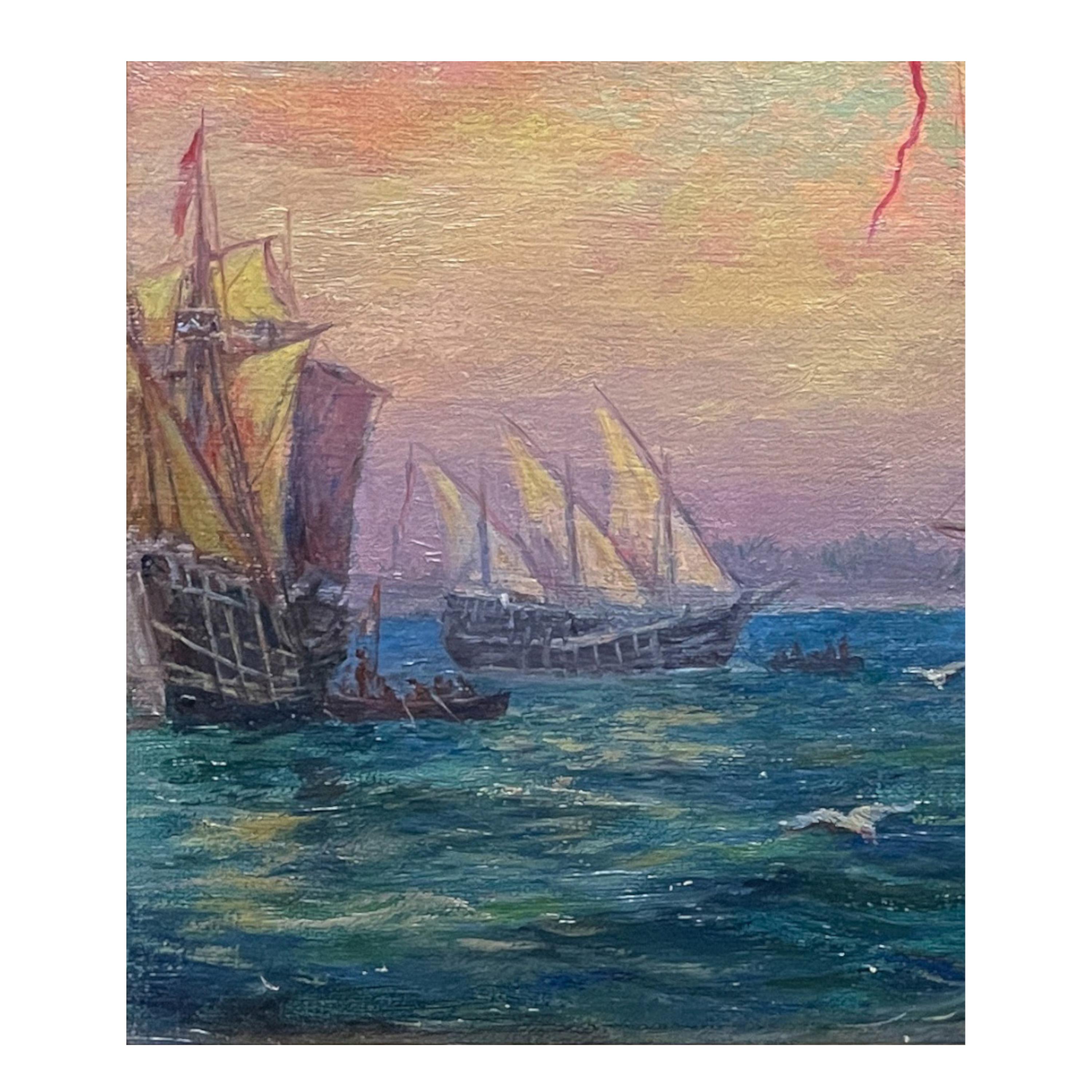 Antique American Nautical Ships Oil Painting 