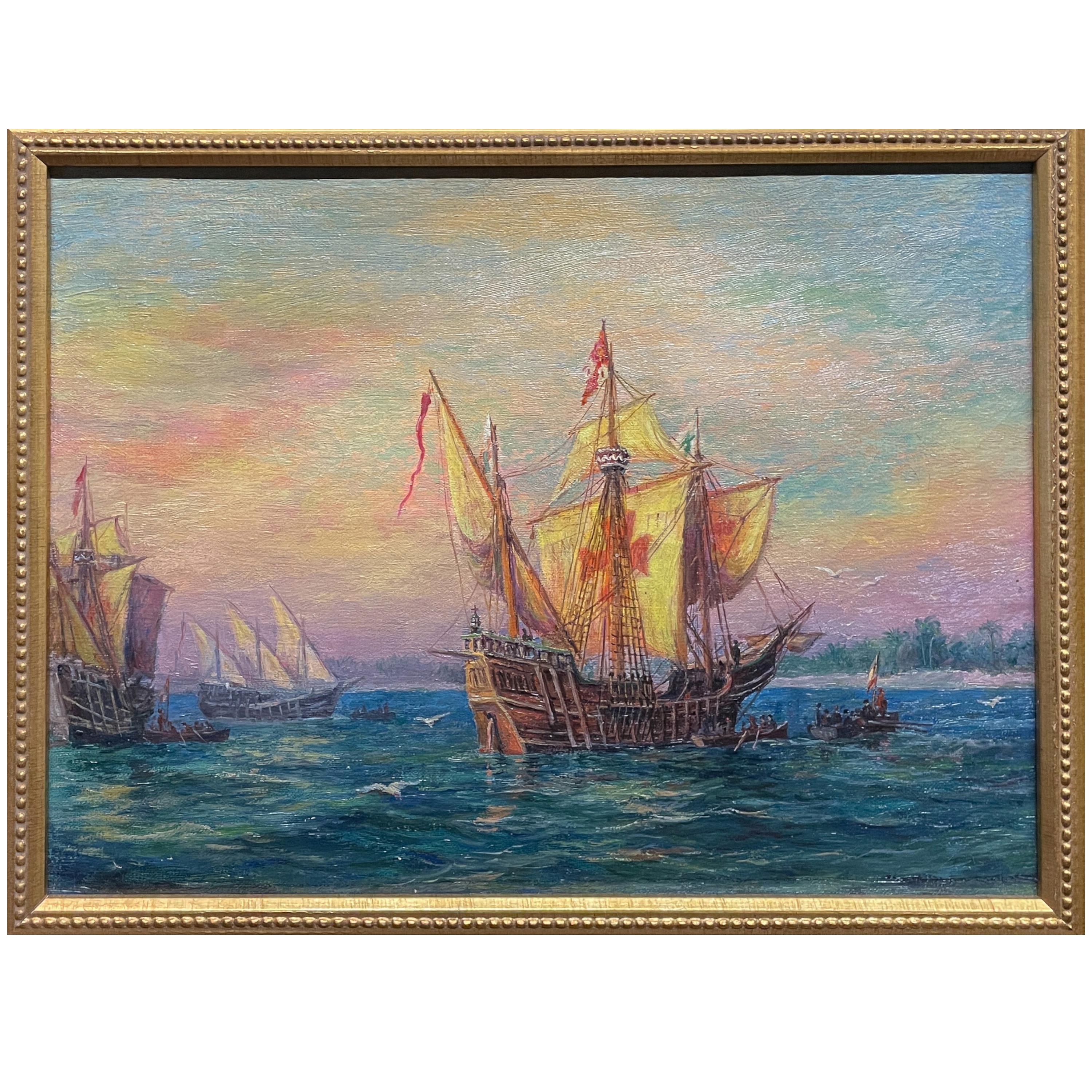 Antique American Nautical Ships Oil Painting 