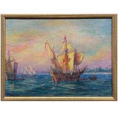 Antique American Nautical Ships Oil Painting "The Discovery" Jamestown Virginia