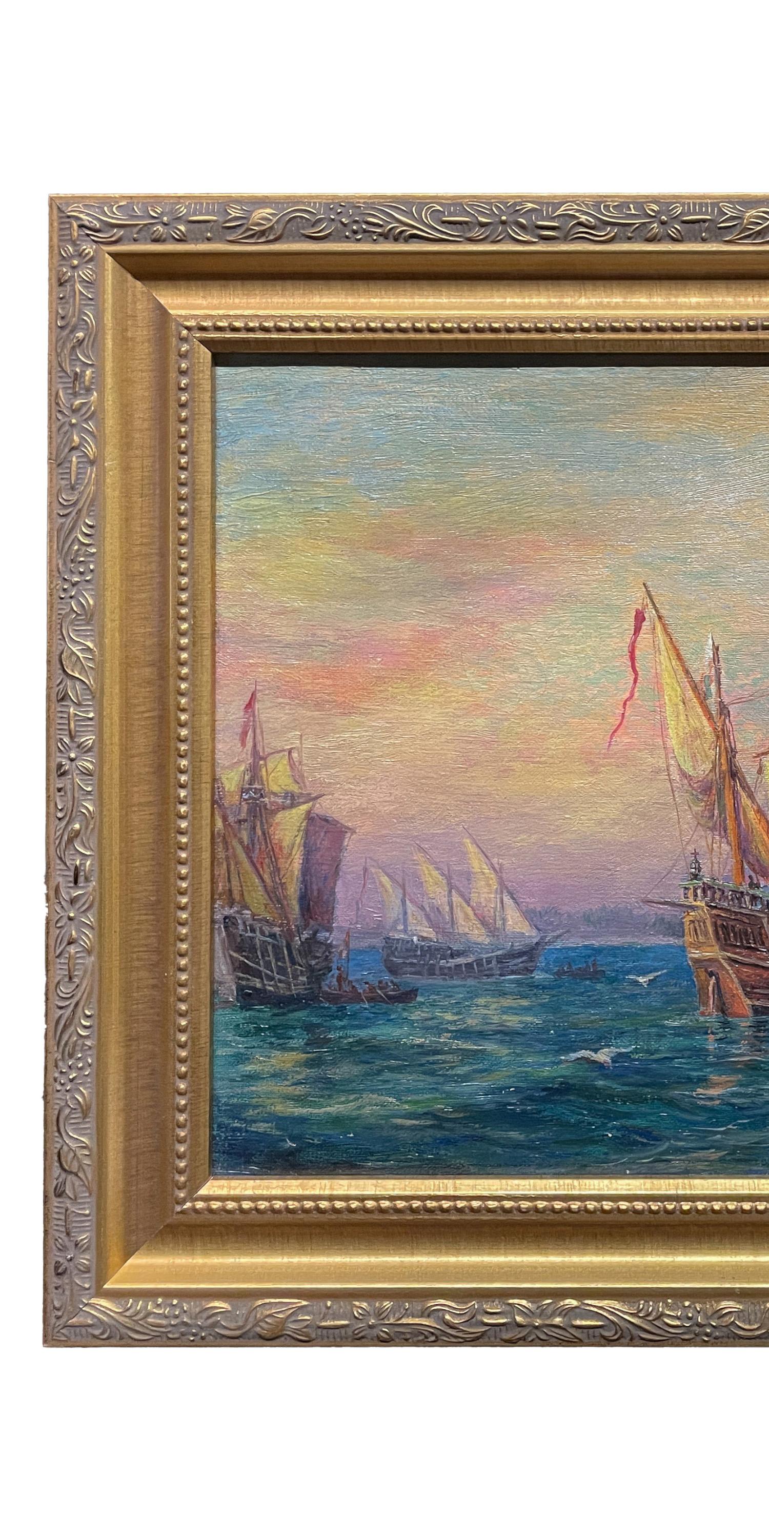 An exceptional antique oil on canvas painting by the Long Island artist William Steeple Davis (1884-1961), the painting depicts the ship 