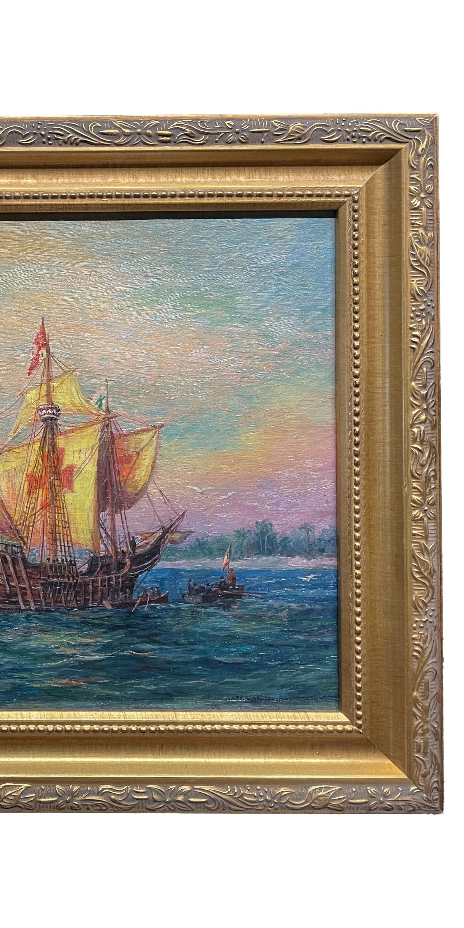 Antique American Nautical Ships Oil Painting 