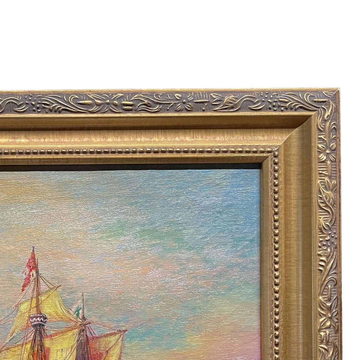 Antique American Nautical Ships Oil Painting 