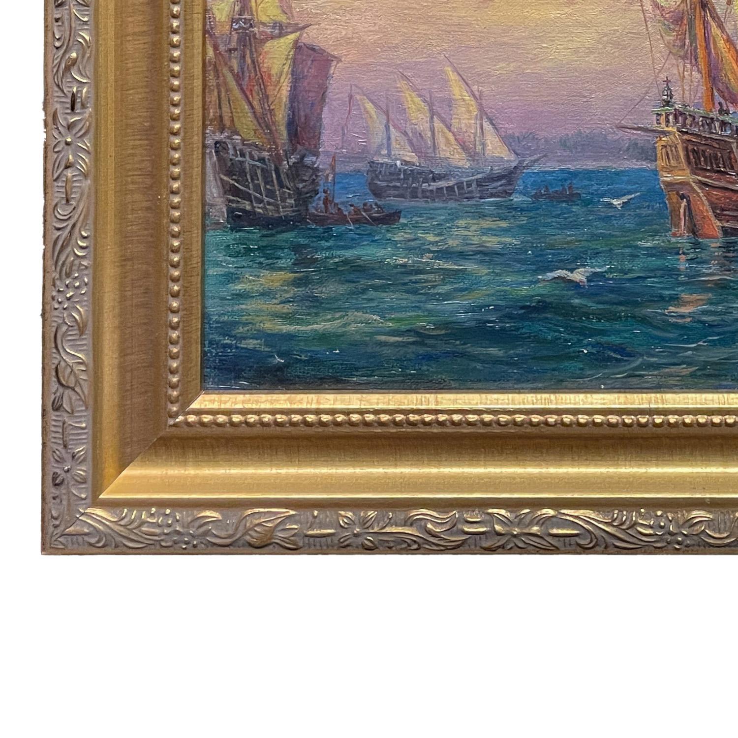 Antique American Nautical Ships Oil Painting 
