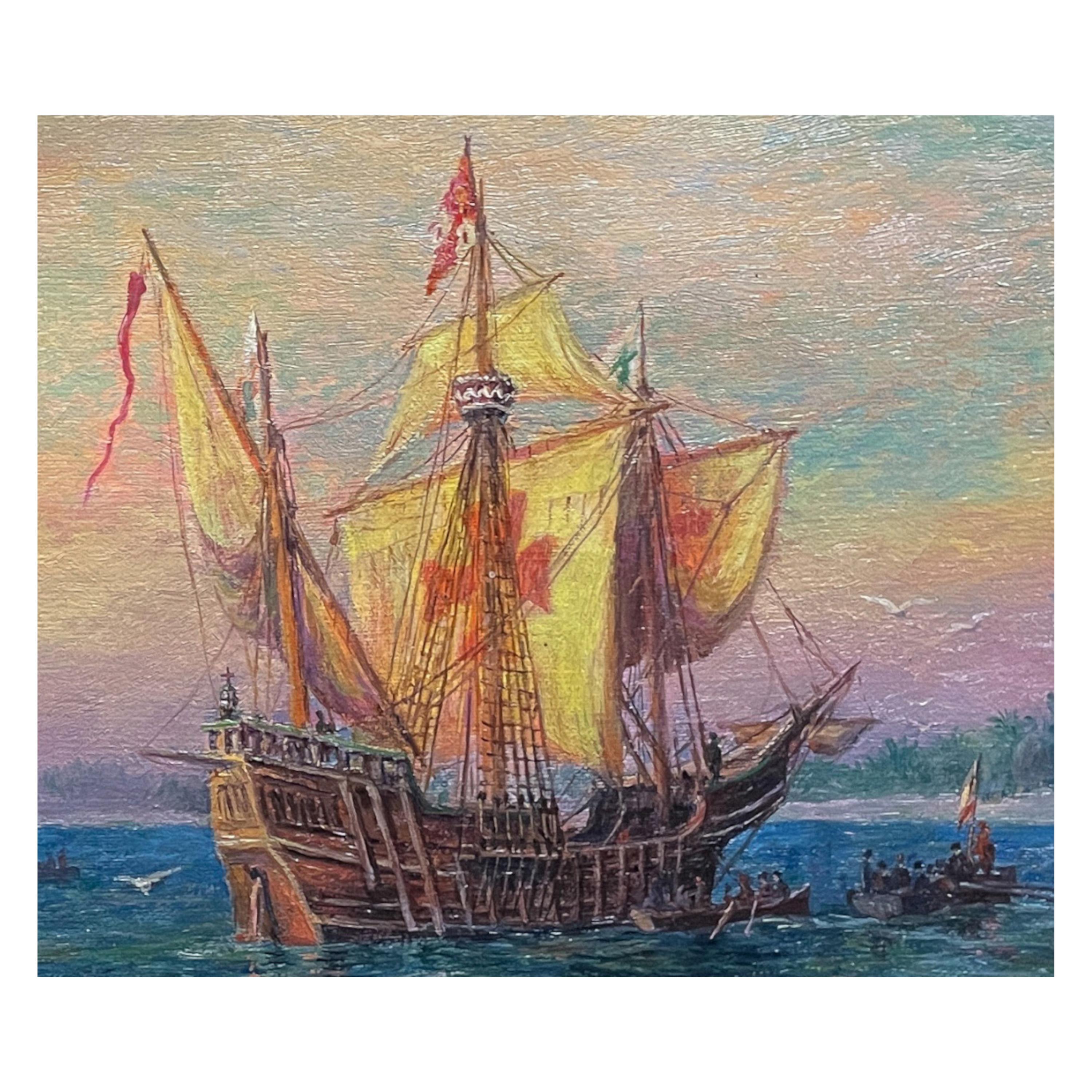 Antique American Nautical Ships Oil Painting 
